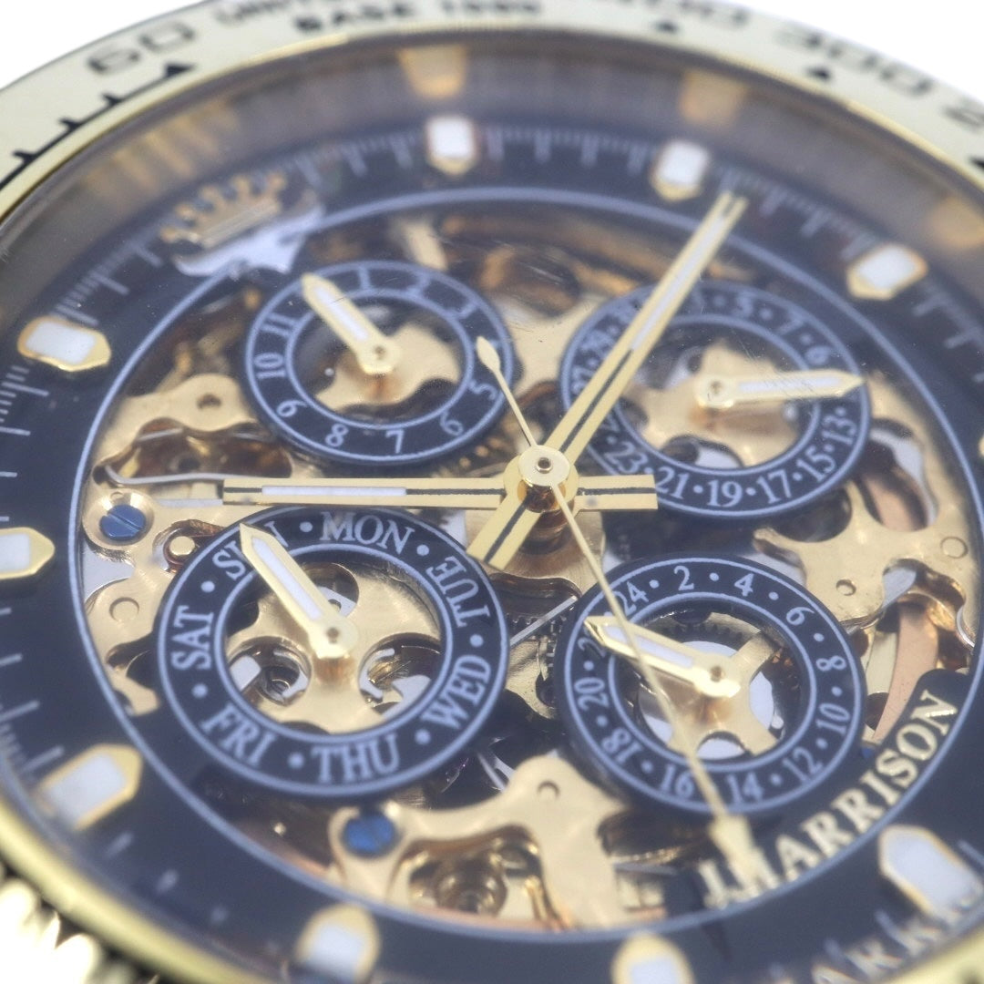 【極美品】ジョン・ハリソン J.Harrison 腕時計 JH-003C スケルトン 自動巻き ゴールド ブラック メンズ レザーベルト アナログ タキメーターベゼル シースルーバック クラシック ゴージャスデザイン G2