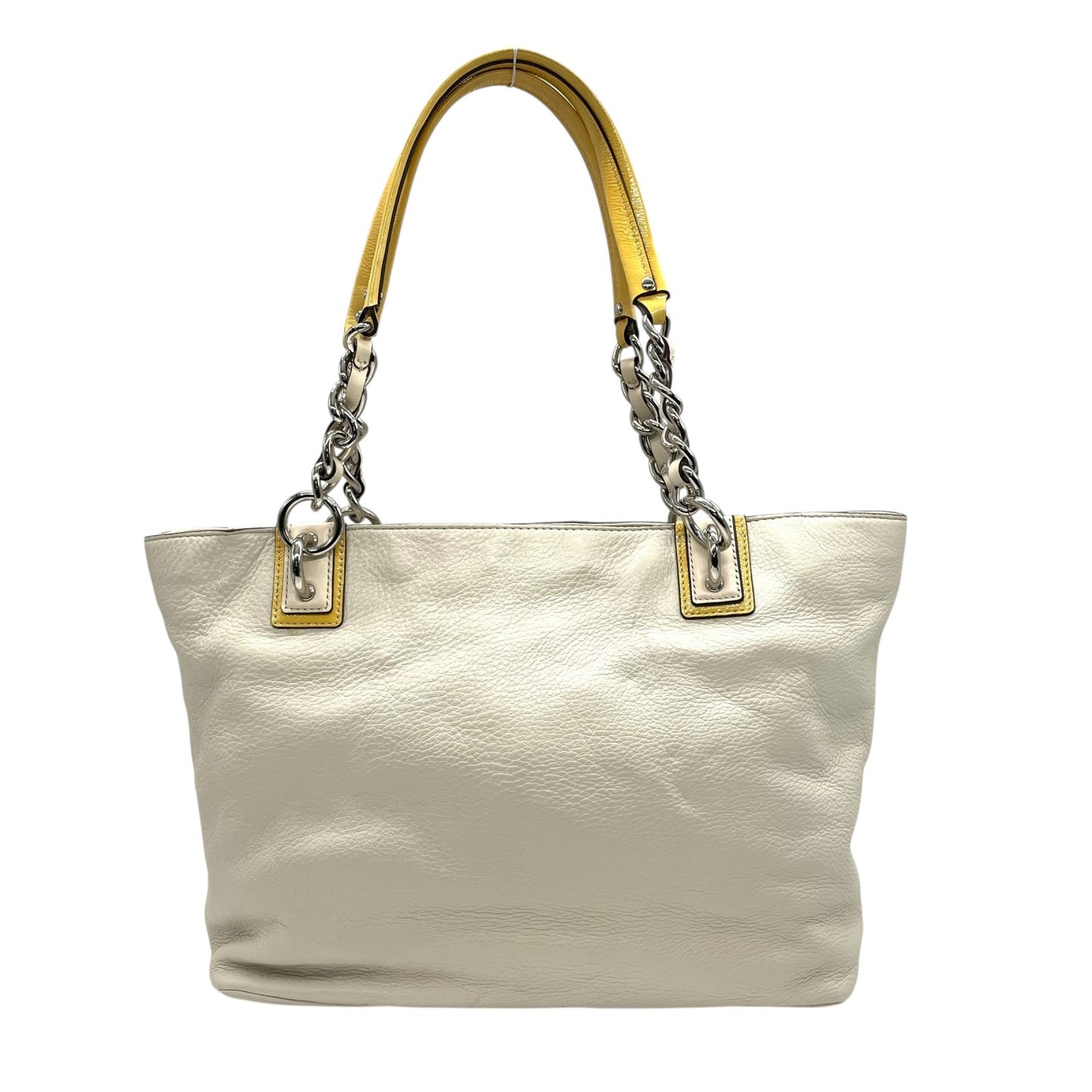 美品 コーチ COACH トートバッグ ホワイト 白 イエロー 黄色 レザー パテントレザー 肩掛け可 ロゴ チャーム付き シルバー金具 レディース S97