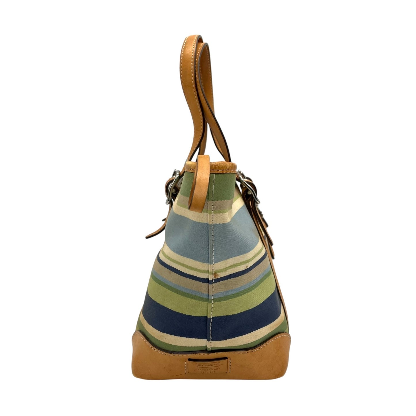 コーチ COACH ハンドバッグ ミニトート マルチストライプ ボーダー キャンバス レザー ロゴチャーム ファスナー開閉 ネイビー ブルー グリーン マルチカラー シルバー金具 手提げ レディース T1