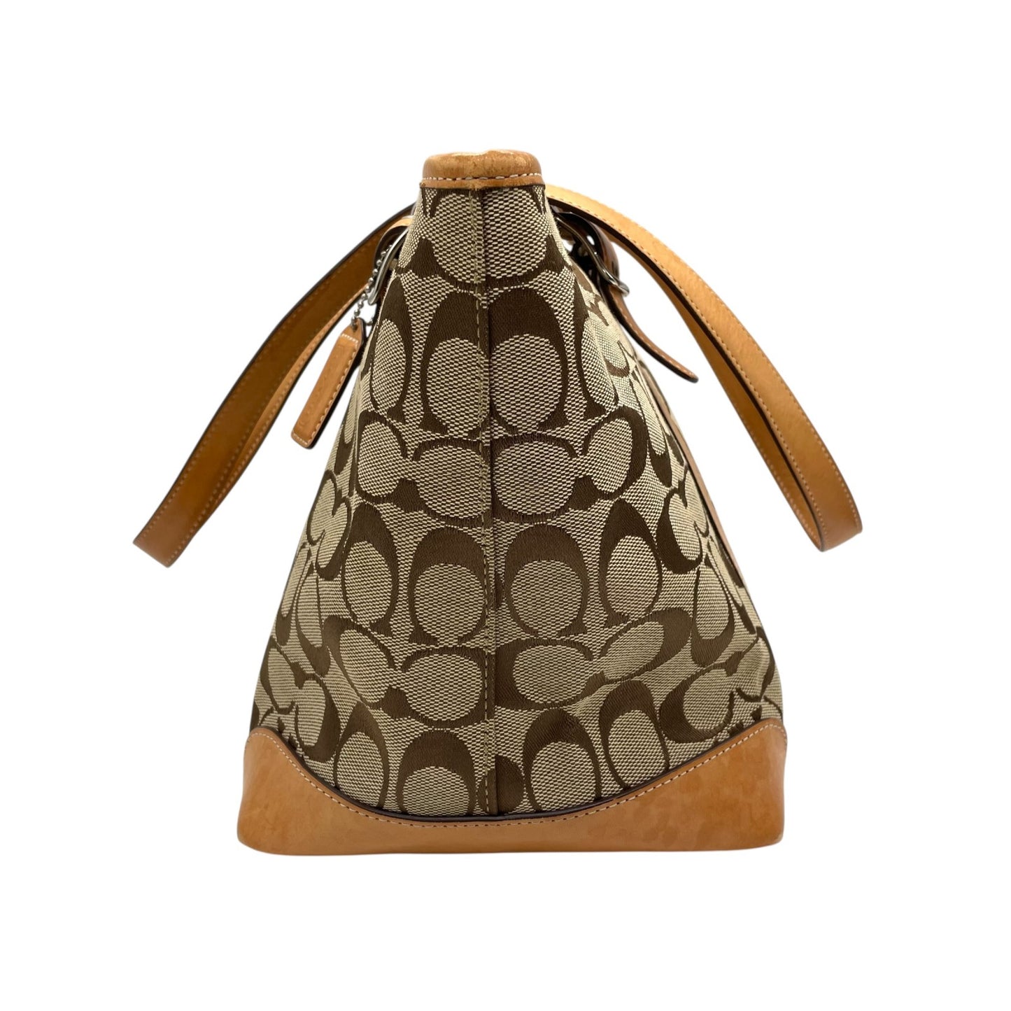 COACH コーチ シグネチャー キャンバス トートバッグ レザー 茶 ブラウン ベージュ シルバー金具 肩掛け可 ファスナー開閉 レディース S11