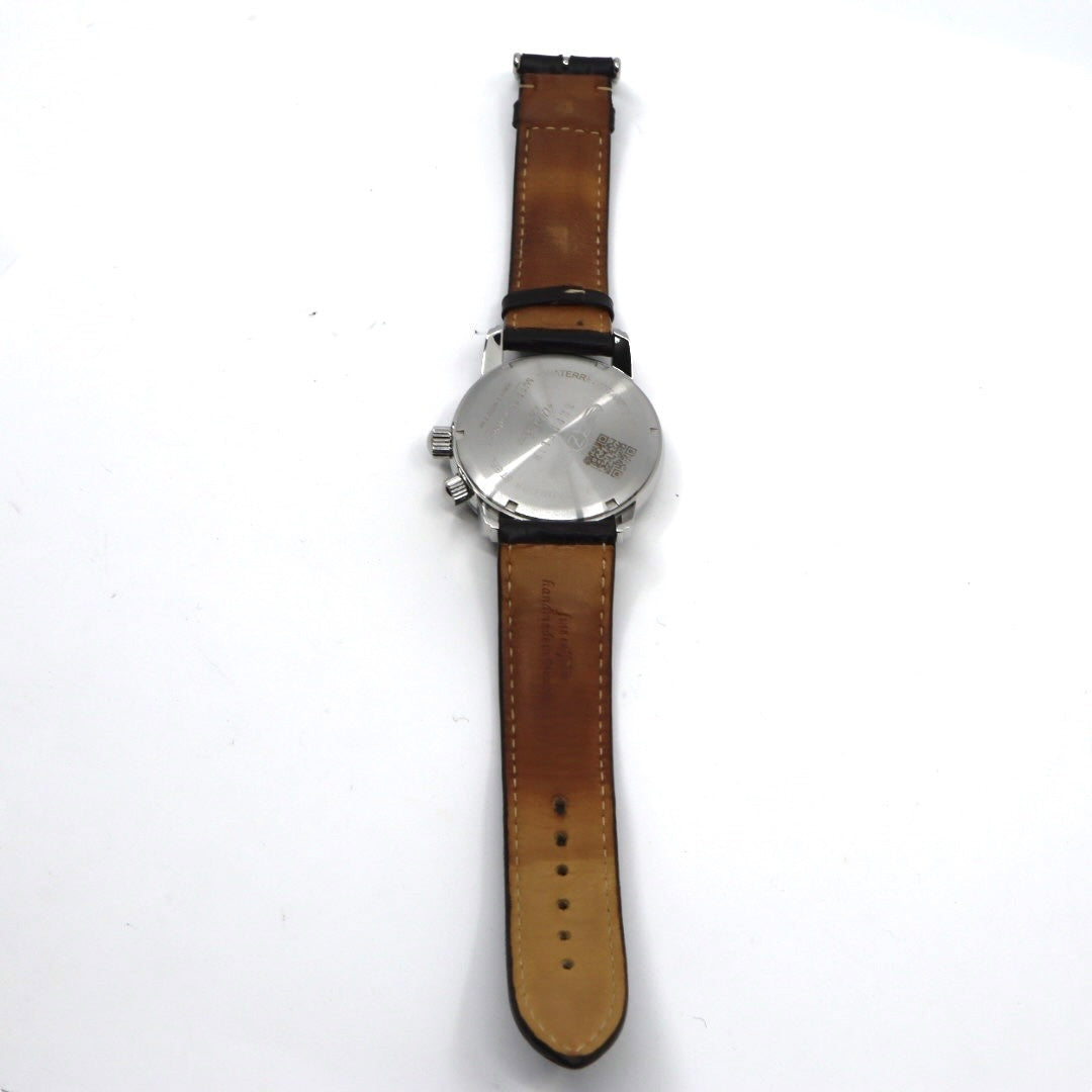 【極美品/電池交換済】 ZEPPELIN ツェッペリン 100周年記念モデル 7640-1 腕時計 メンズ クロノグラフ ビッグデイト アイボリー文字盤 ブラウンレザー ドイツ製 パイロットウォッチ クラシック エレガント アナログ クォーツ 稼働品 G2