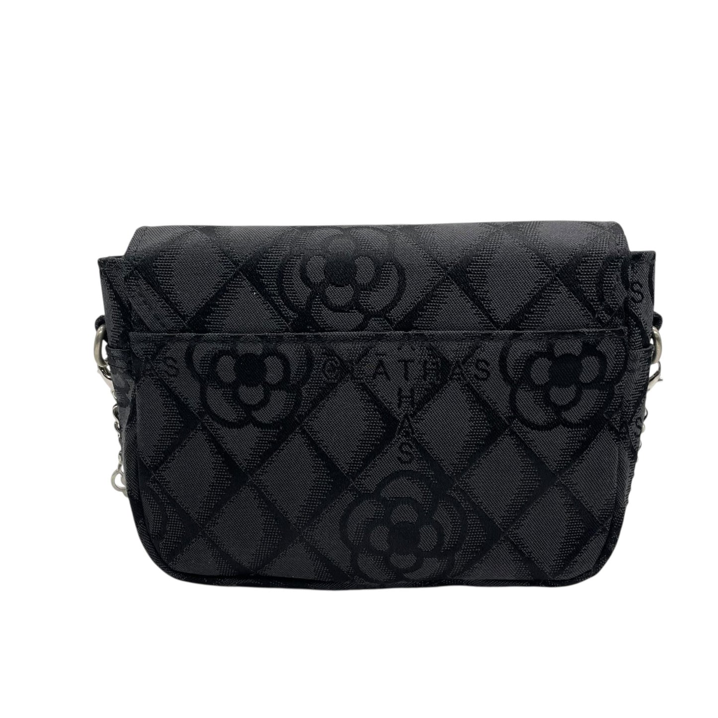 未使用級 クレイサス CLATHAS ショルダーバッグ ミニバッグ 黒 ブラック キャンバス シルバー金具 チェーンショルダー カメリア柄 ロゴ 斜め掛け可 レディース E6