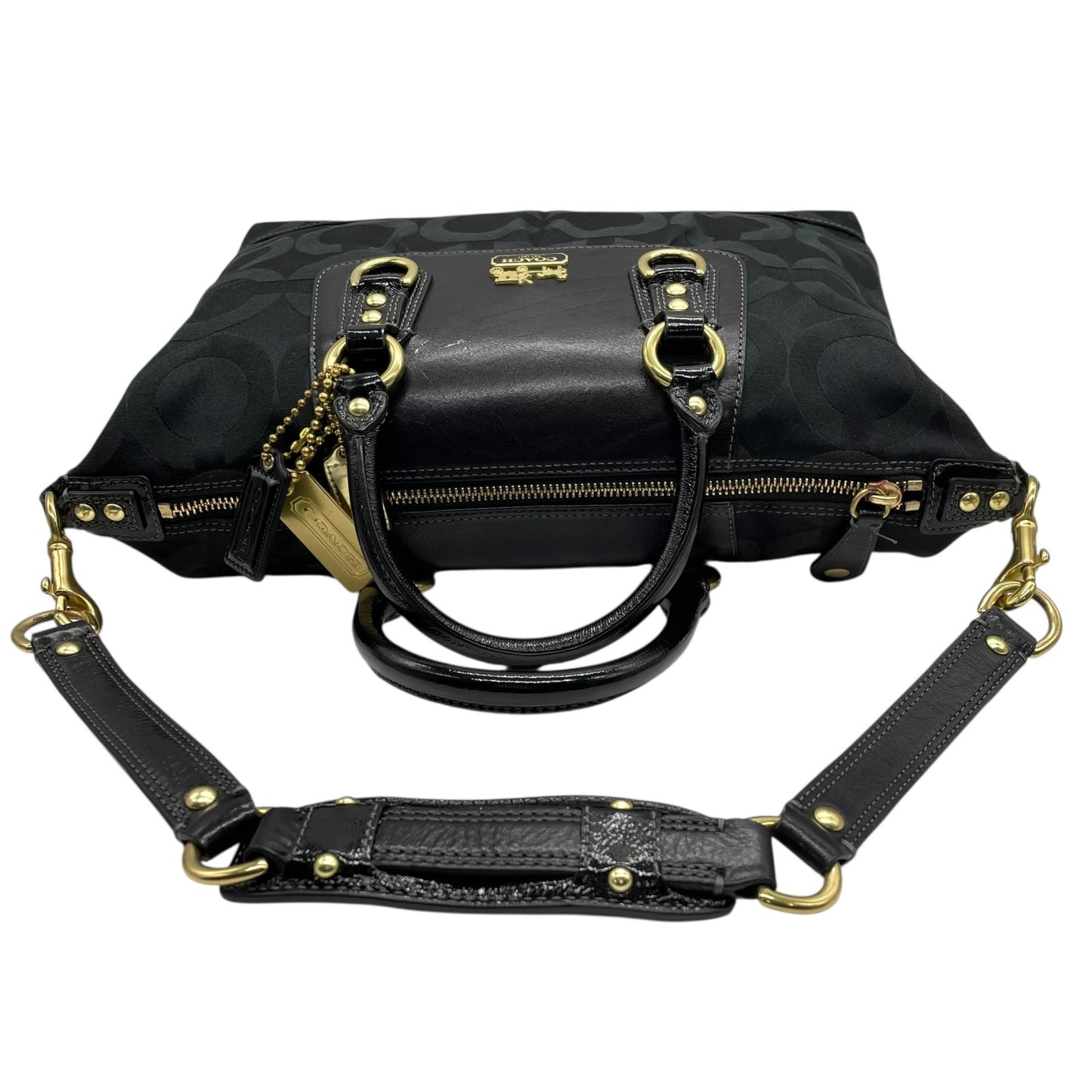 コーチ COACH 2WAY ハンドバッグ ボストンバッグ ショルダーバッグ 12947 シグネチャー 黒 ブラック ジャガード レザー 金金具 ゴールド金具 チャーム付き E5