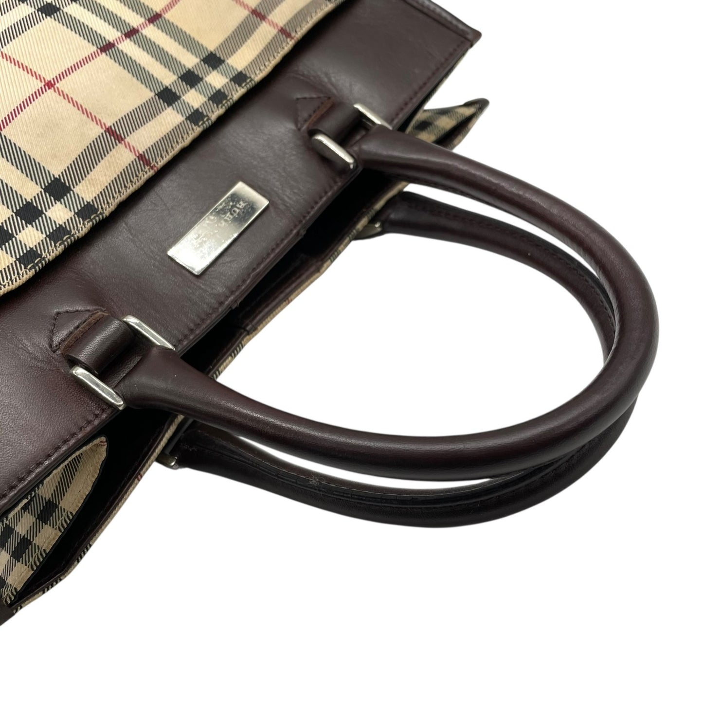 バーバリー BURBERRY ノバチェック ハンドバッグ トートバッグ スクエアトート ベージュ ブラウン 茶 チェック柄 キャンバス レザー シルバー金具 ロゴ レディース メンズ K7