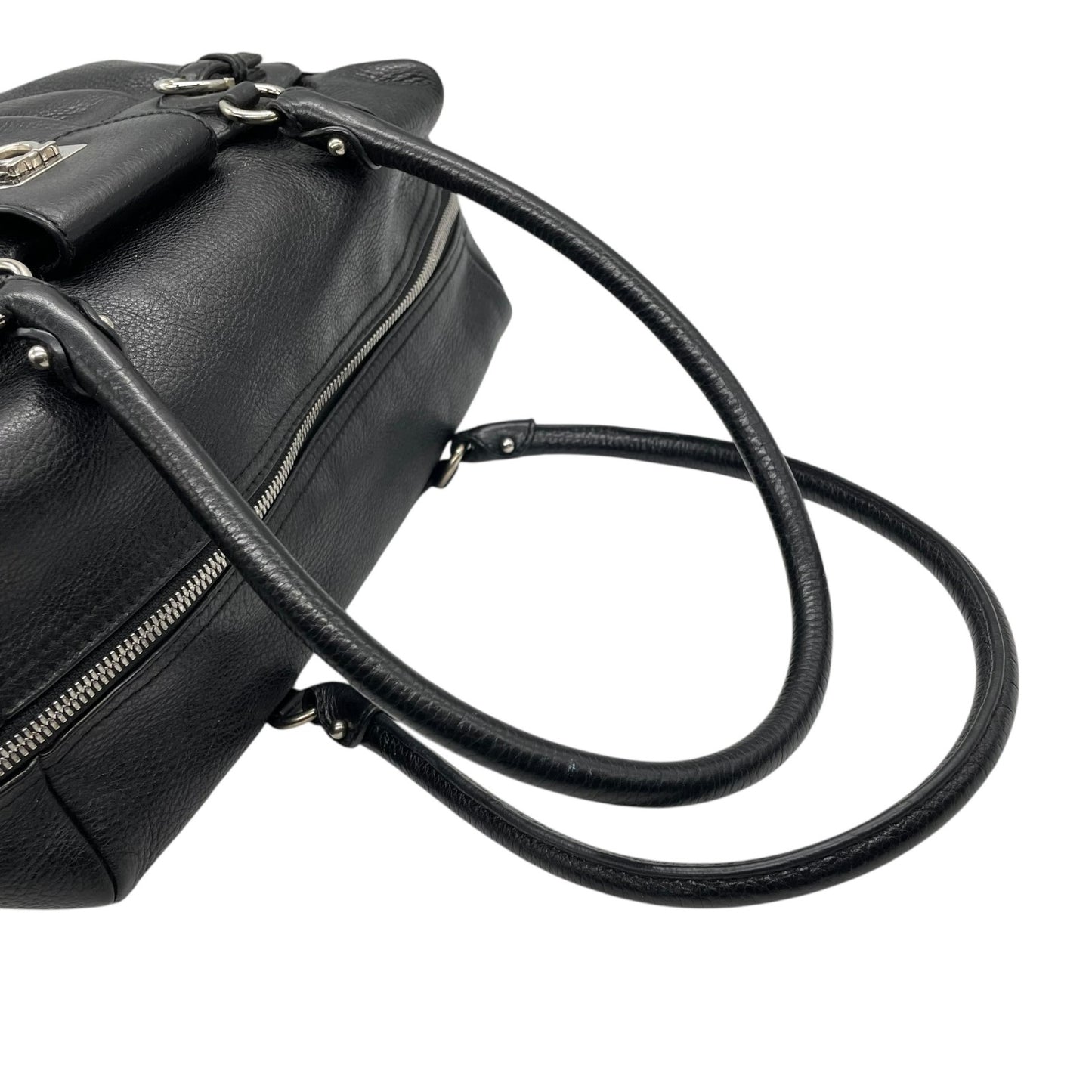 美品 サルヴァトーレ フェラガモ Salvatore Ferragamo ガンチーニ ハンドバッグ ミニボストン ワンショルダー ブラック 黒 NERO レザー シルバー金具 ロゴ 肩掛け可 レディース A