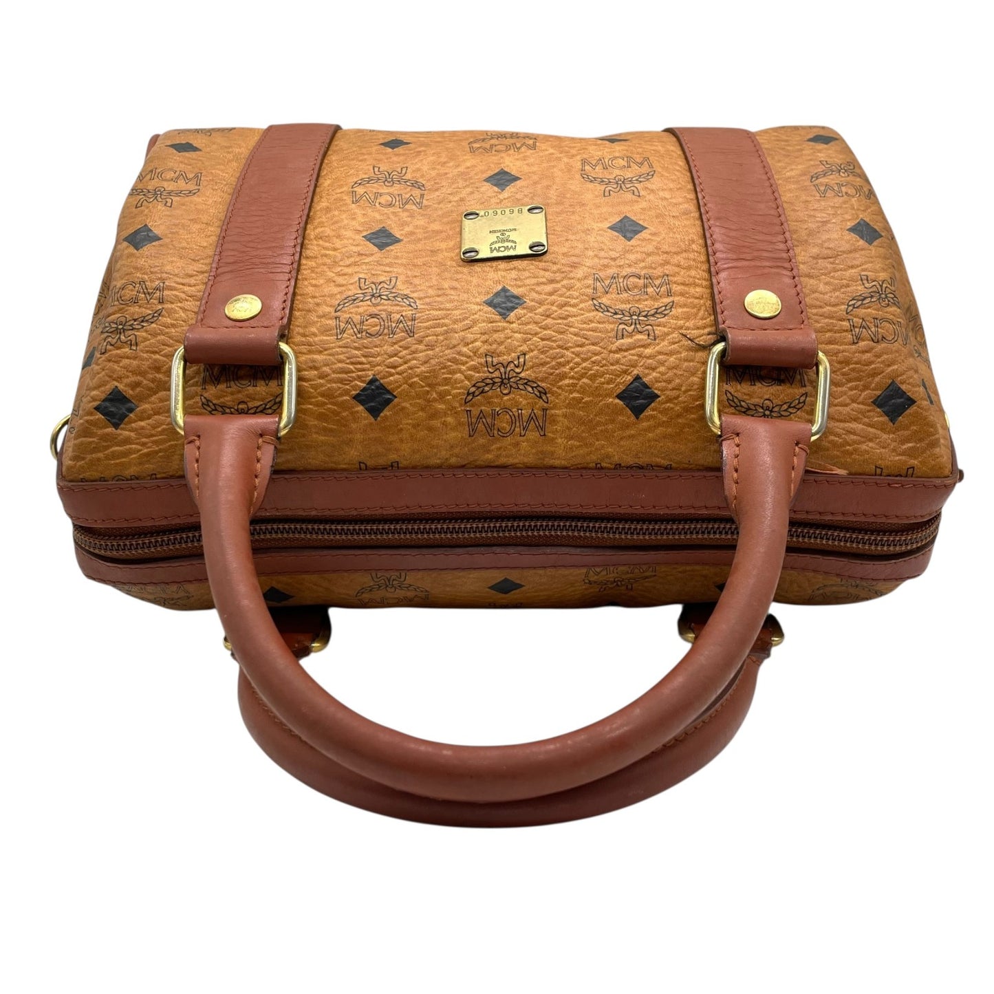 エムシーエム MCM ヴィセトス 2WAY ハンドバッグ ミニボストンバッグ ショルダーバッグ 茶 ブラウン コニャック レザー ゴールド金具 斜め掛け可 レディース C