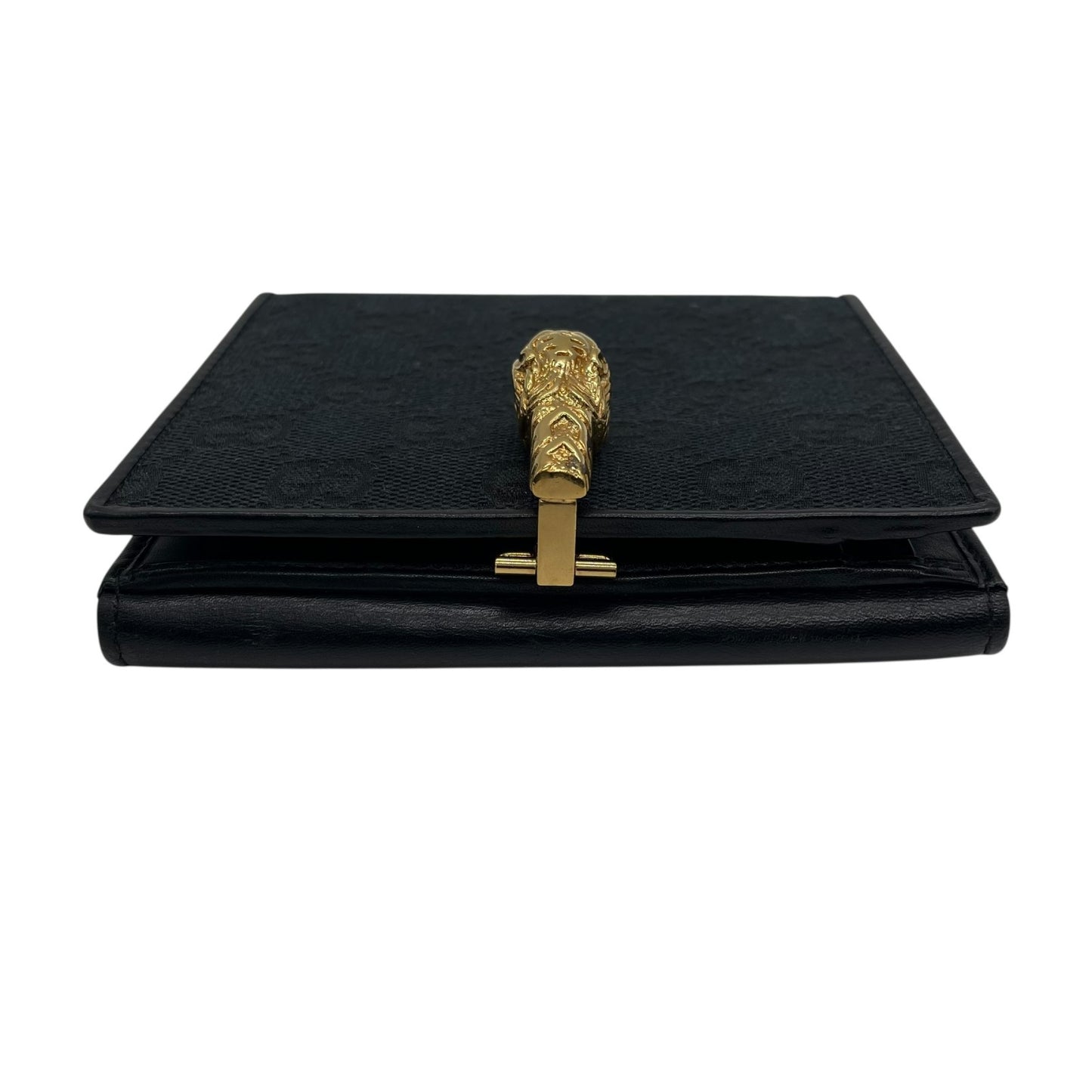 【美品】GUCCI グッチ GGキャンバス タイガーヘッド 二つ折り財布 コンパクトウォレット GG柄 虎 キャンバス レザー ブラック ゴールド金具 ヴィンテージ レディース M2