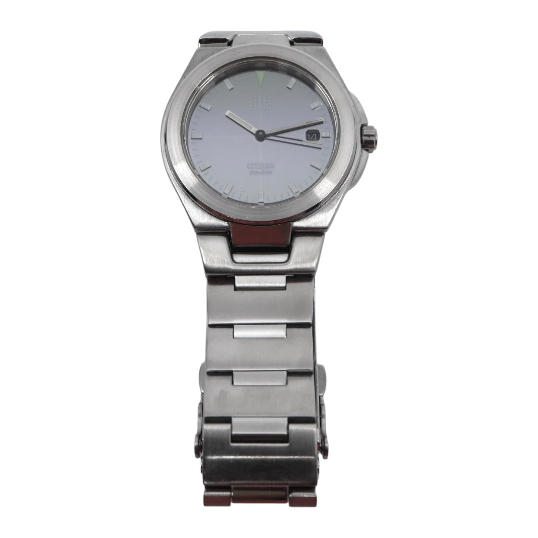 【美品/稼働品】シチズン チッタ Citta エコドライブ 腕時計 A160-H15696 メンズ ソーラー デイト ブラック文字盤 シルバー ステンレス ビジネス カジュアル シンプル ファッション ウォッチ G10 citizen