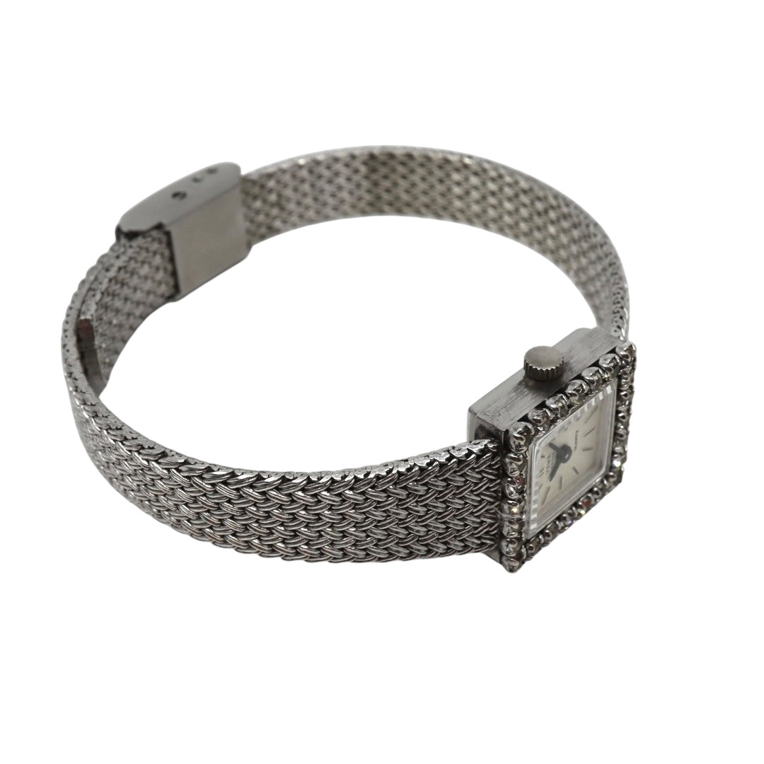 【美品/電池交換済】イエマ YEMA 腕時計 P7307 レディース スクエア ラインストーンベゼル クオーツ シルバー メッシュベルト ブレスレット ジュエリーウォッチ ドレスウォッチ アンティーク ビンテージ クラシック エレガント G10