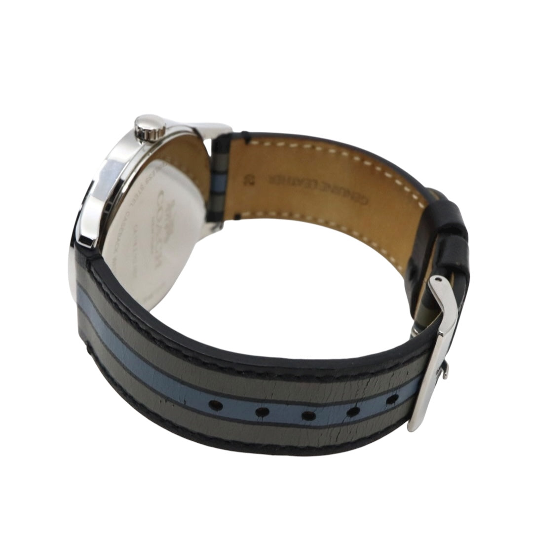 【美品】コーチ COACH 腕時計 メンズ チャールズ Charles ブラック シルバー マルチカラー ストライプ レザー CA.118.2.112.1537 クォーツ アナログ 3針 ビジネス カジュアル シンプル 個性的 希少 ビッグフェイス G11