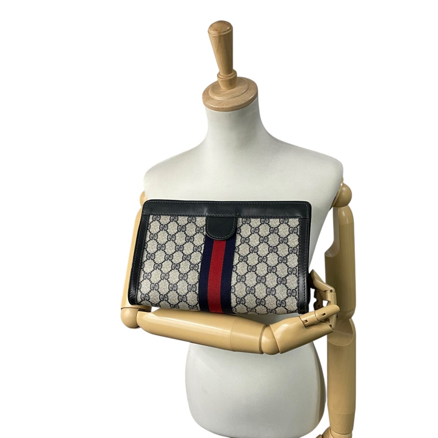 GUCCI オールドグッチ GGスプリーム シェリーライン クラッチバッグ セカンドバッグ PVC レザー グレー ネイビー ヴィンテージ K9