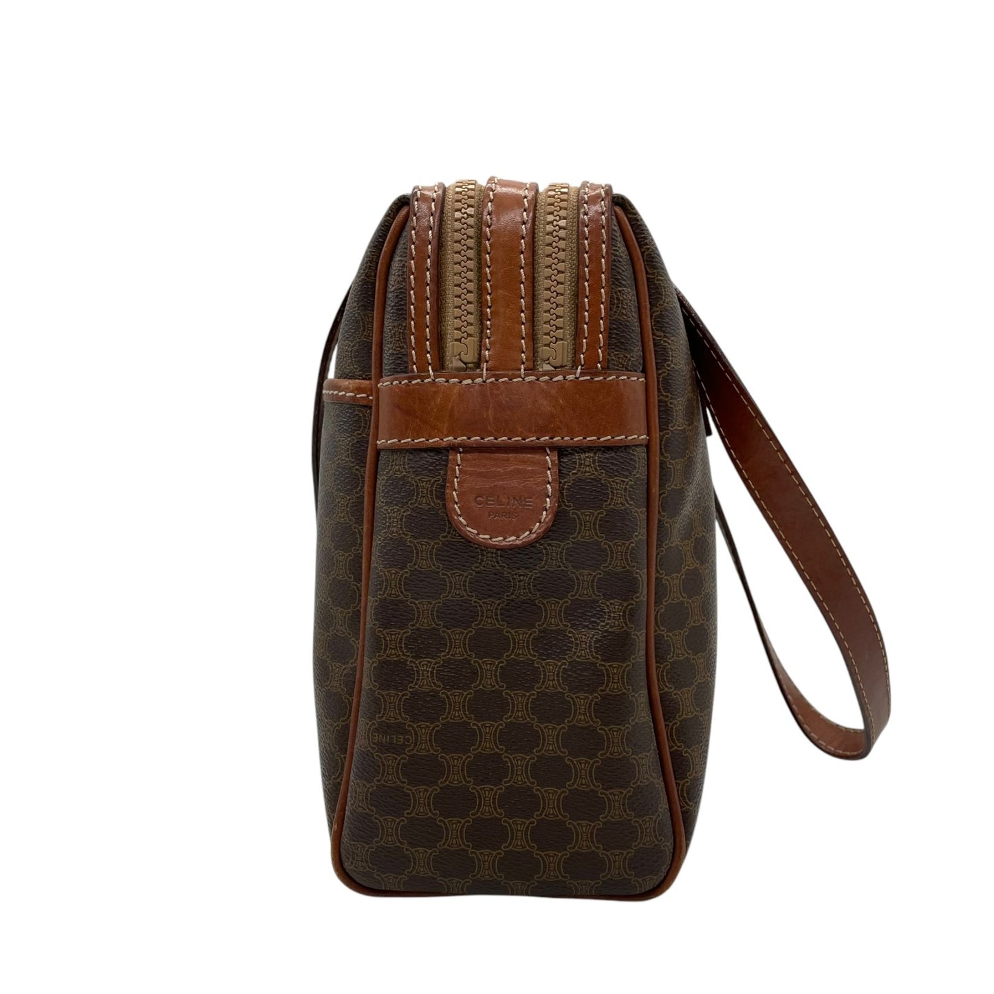 CELINE セリーヌ オールドセリーヌ マカダム柄 ハンドバッグ ショルダーバッグ ワンショルダー 肩掛け PVC レザー 本革 ブラウン 茶色 ゴールド金具 ファスナー開閉 ヴィンテージ K12