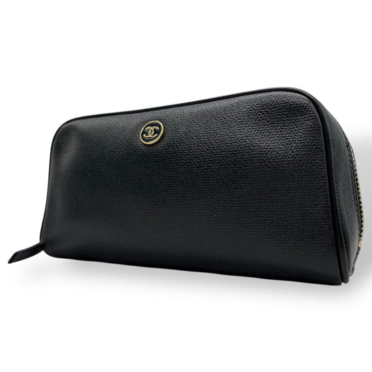 Authentic CHANEL Coco Button Pouch Multi Pouch Cosmetic Bag Leather Black Gold Hardware Zipper Women's