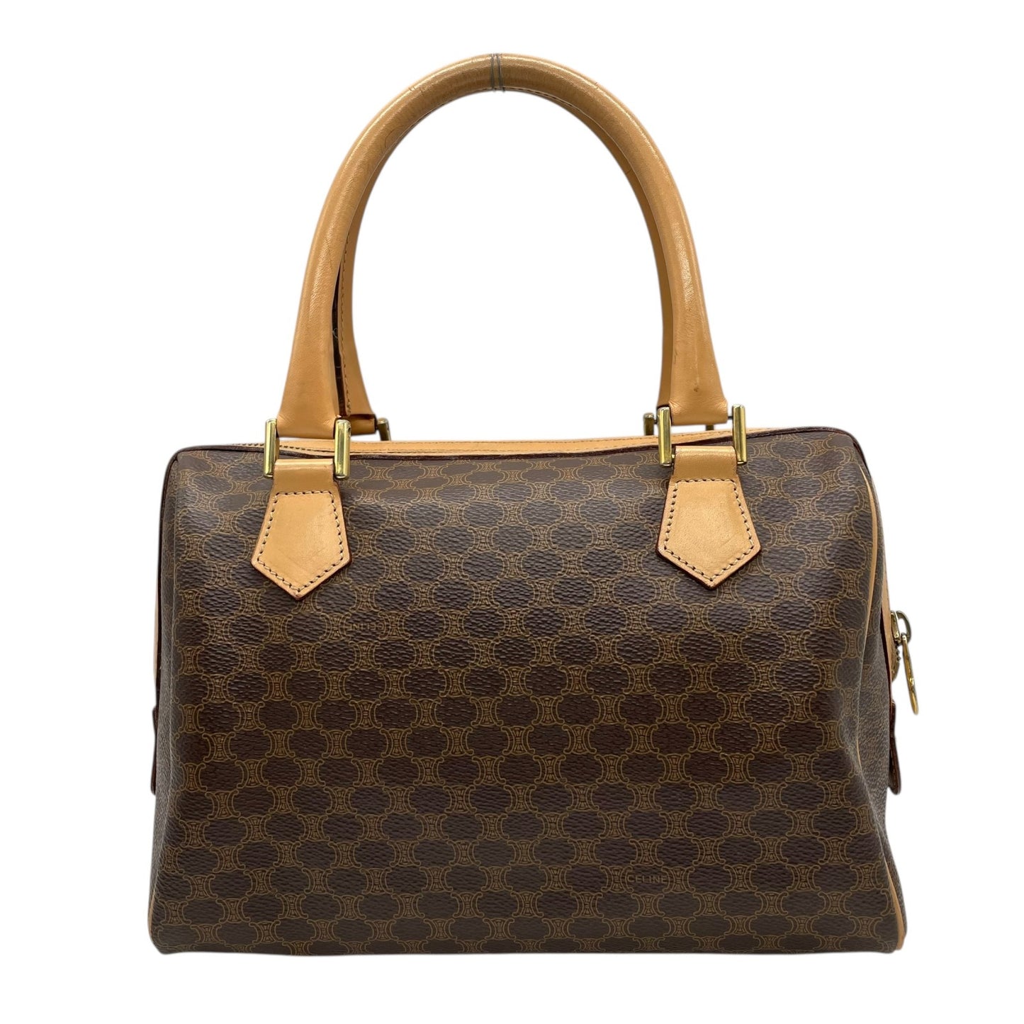 Authentic CELINE Trionf Monogram 2WAY Handbag Mini Boston Bag Shoulder Bag Leather Brown Gold Hardware Zipper Crossbody Women's