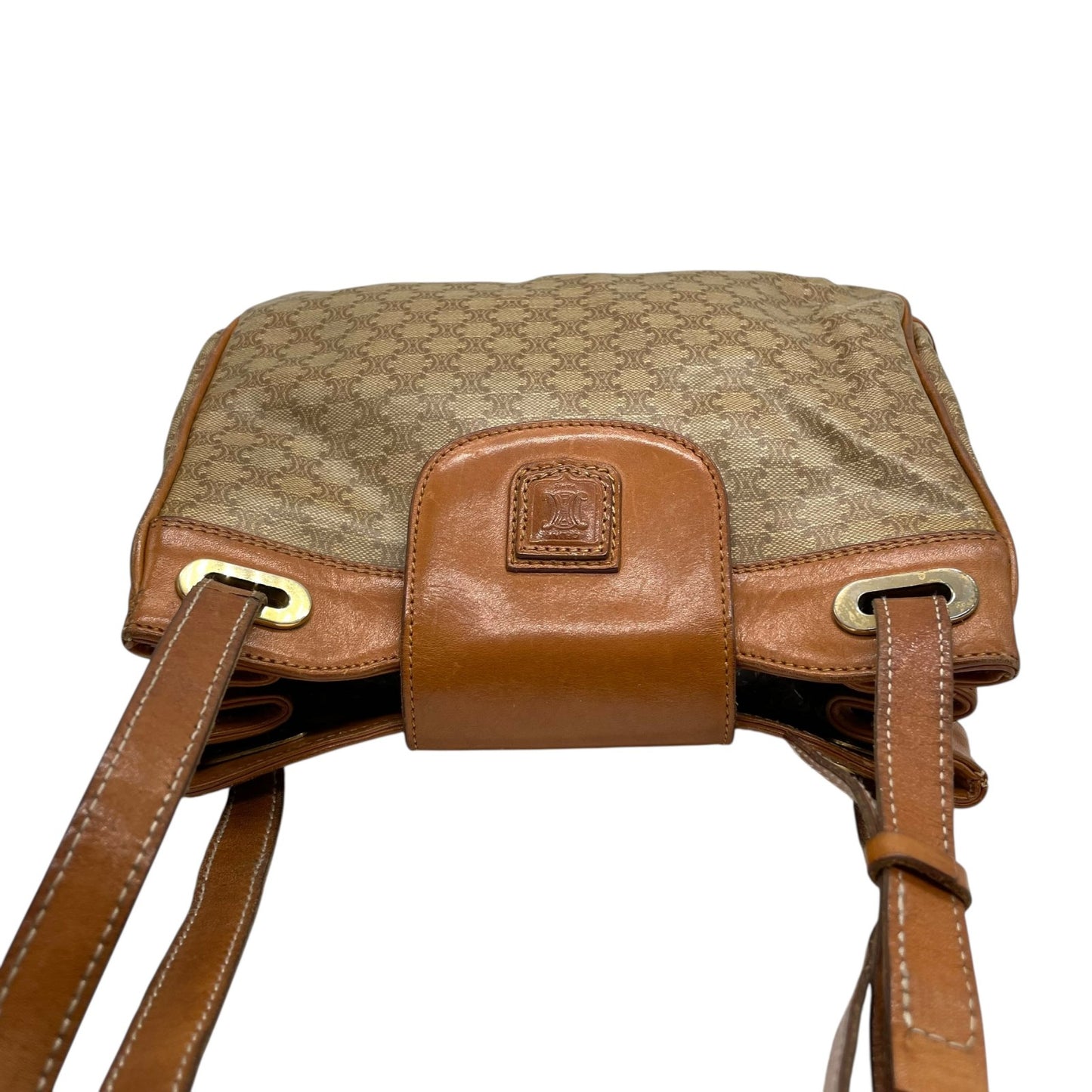 Authentic CELINE Macadam Trionf Shoulder Bag Beige Brown PVC Leather Gold Hardware Women's Flap