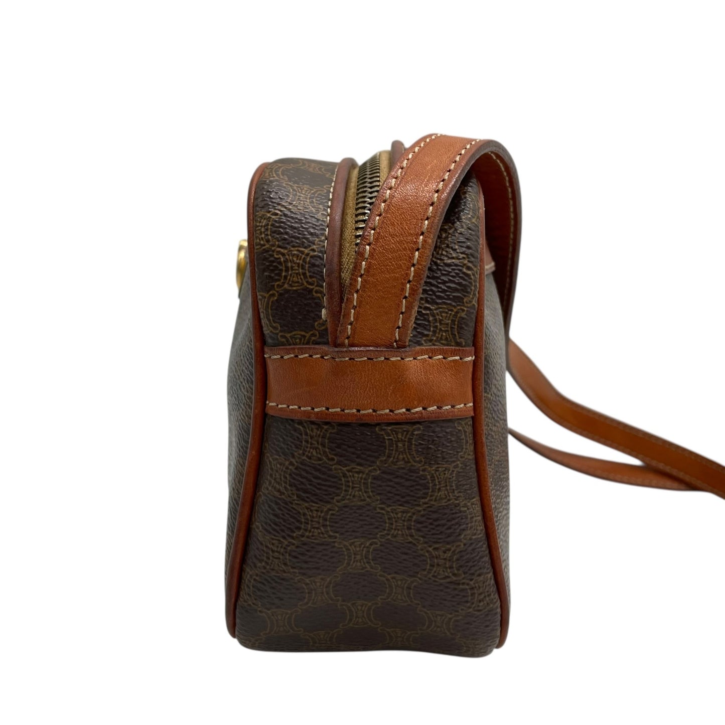 Authentic CELINE Vintage Macadam Shoulder Bag Trionf Camera Bag Brown PVC Leather Gold Hardware Women's Adjustable Strap Crossbody