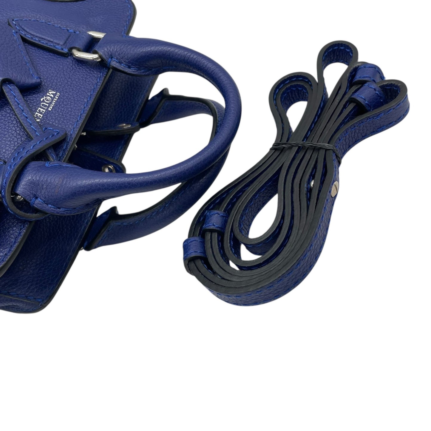 Authentic ALEXANDER McQUEEN 2WAY Handbag Shoulder Bag Skull Padlock Blue Leather Women's Crossbody