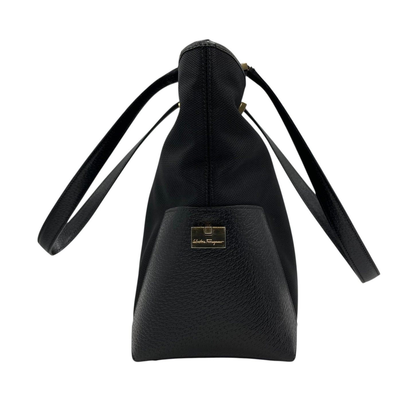 Authentic Salvatore Ferragamo DH-21 Tote Bag Canvas Leather Black Gold Hardware Women's Shoulder Bag