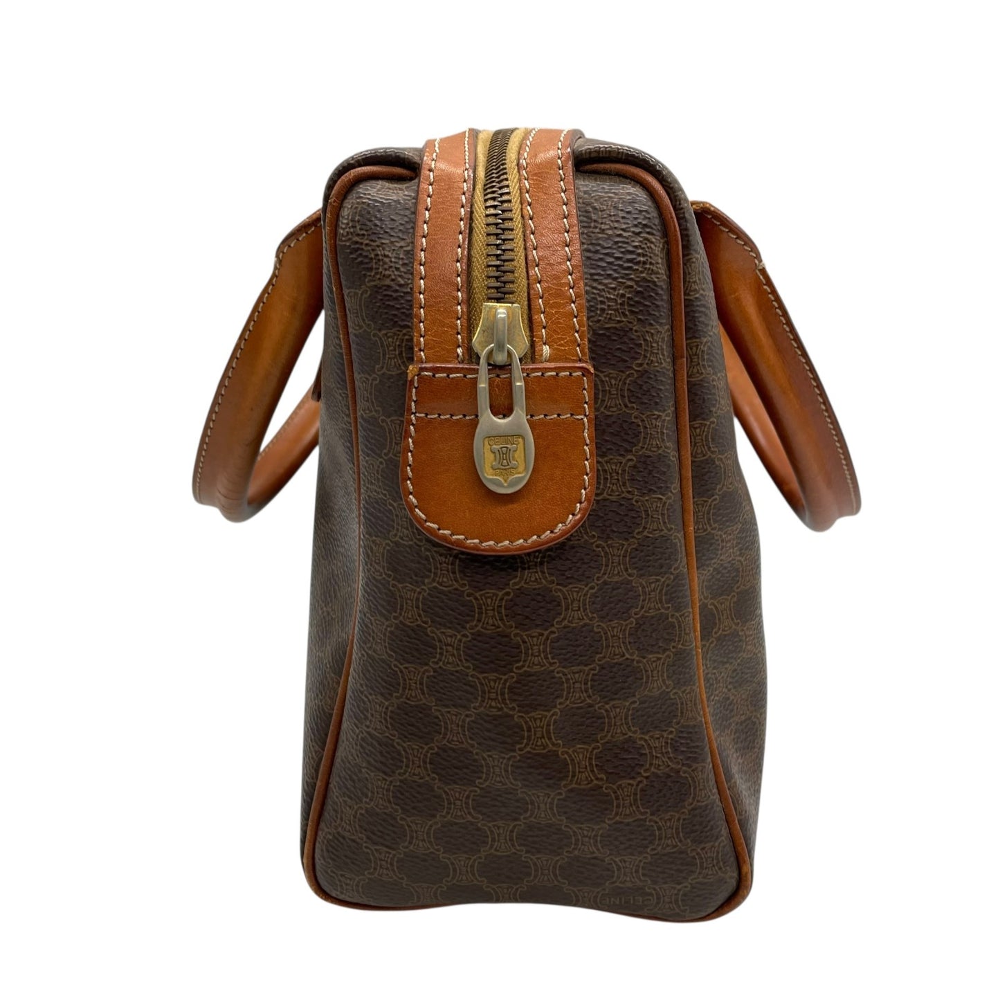 Authentic CELINE Vintage Macadam Handbag Brown PVC Leather Gold Hardware Logo Women's