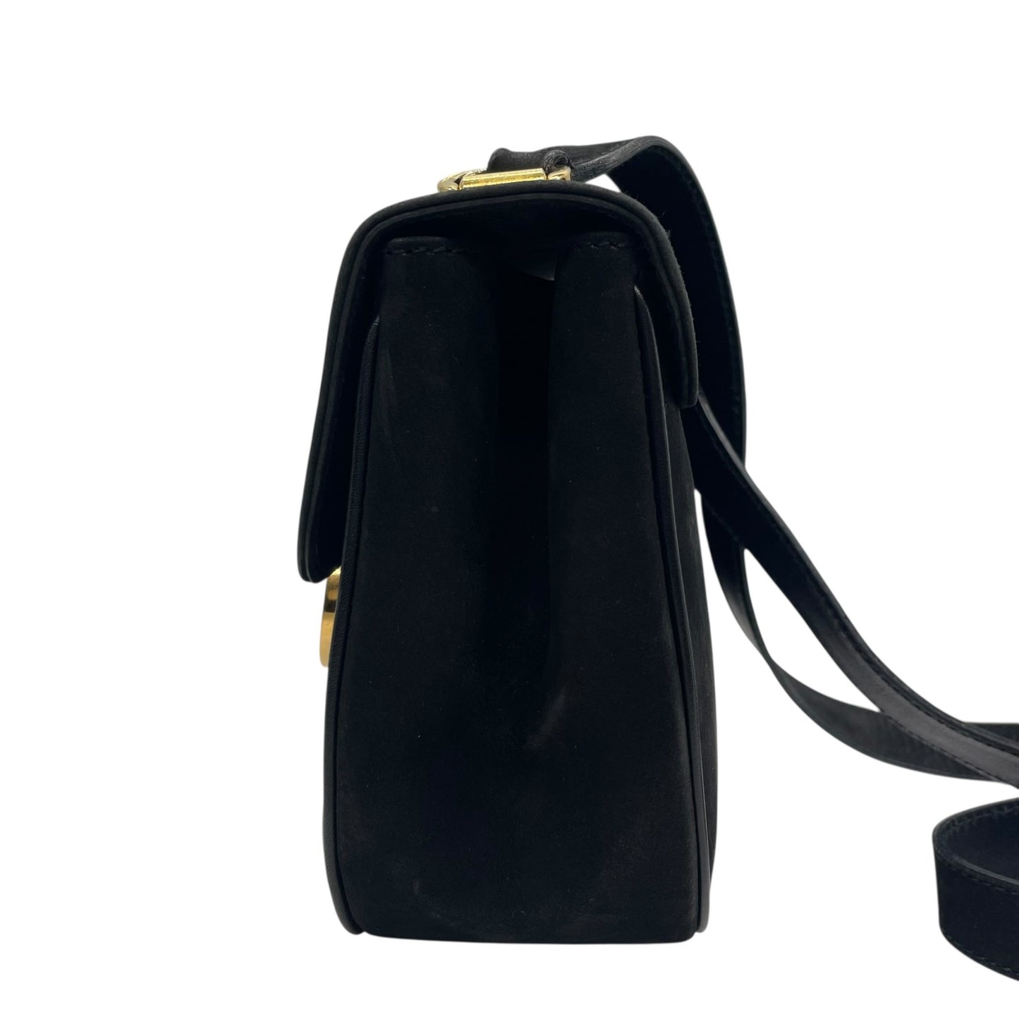 美品 Salvatore Ferragamo フェラガモ ガンチーニ ショルダーバッグ 黒 ブラック AB-21 スエード ゴールド金具 斜め掛け可 ポシェット ミニバッグ レディース フラップ開閉 ヴィンテージ D5