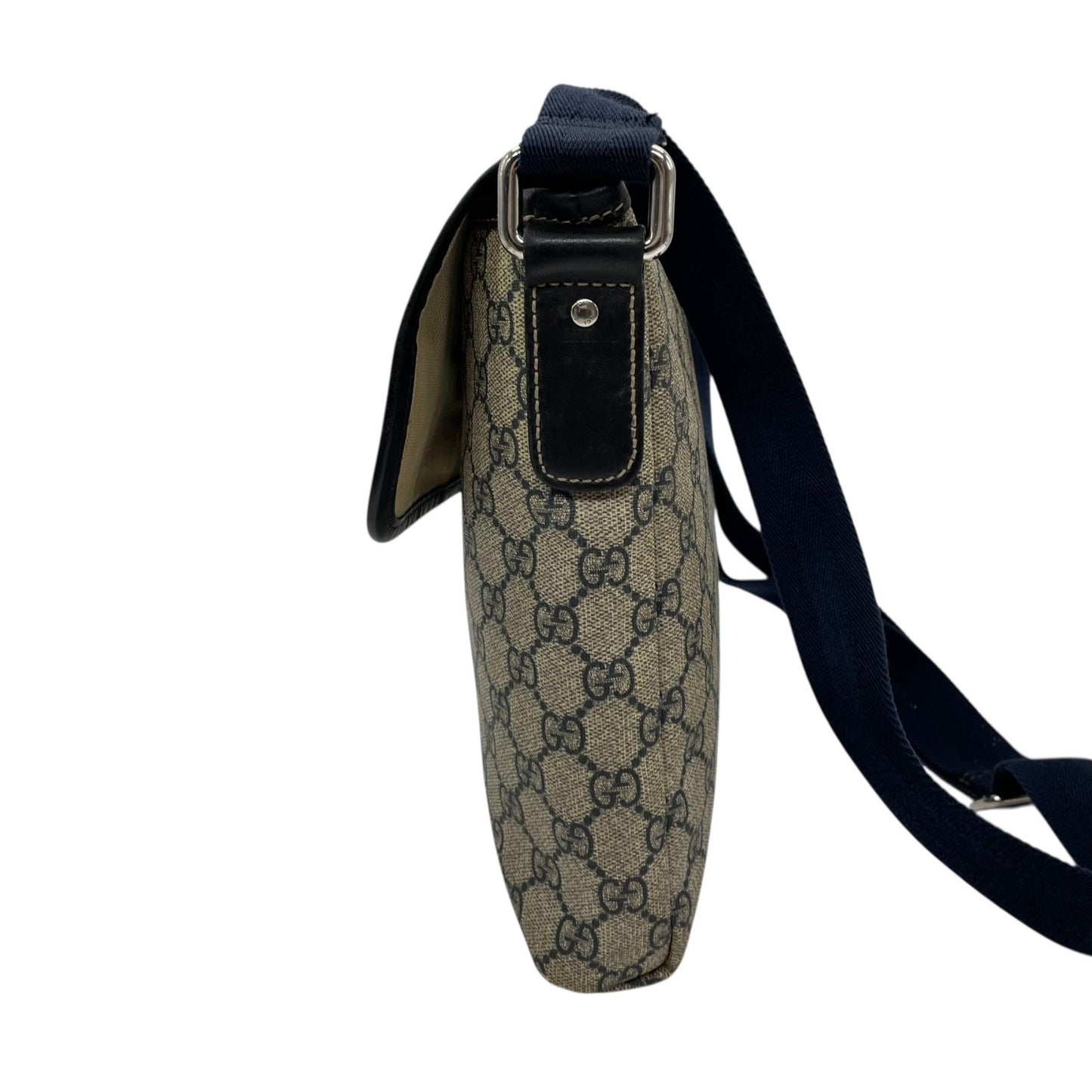 GUCCI グッチ GGスプリーム ショルダーバッグ 223666 紺 ネイビー グレー PVC レザー シルバー金具 斜め掛け可 フラップ開閉 メンズ レディース K2