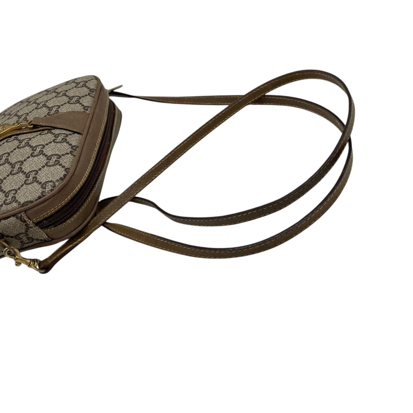 美品 GUCCI オールドグッチ GGプラス ショルダーバッグ PVC レザー グレー ブラウン ゴールド金具 ロゴ 斜め掛け可 カメラバッグ GGスプリーム ヴィンテージ レディース C3