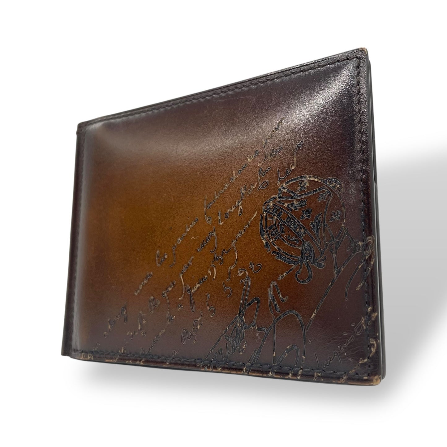 美品 BERLUTI ベルルッティ カリグラフィ マネークリップ 二つ折り フィギュア スクリットレザー コンパクトウォレット 茶 カカオ ブラウン メンズ スタンプ付き W2