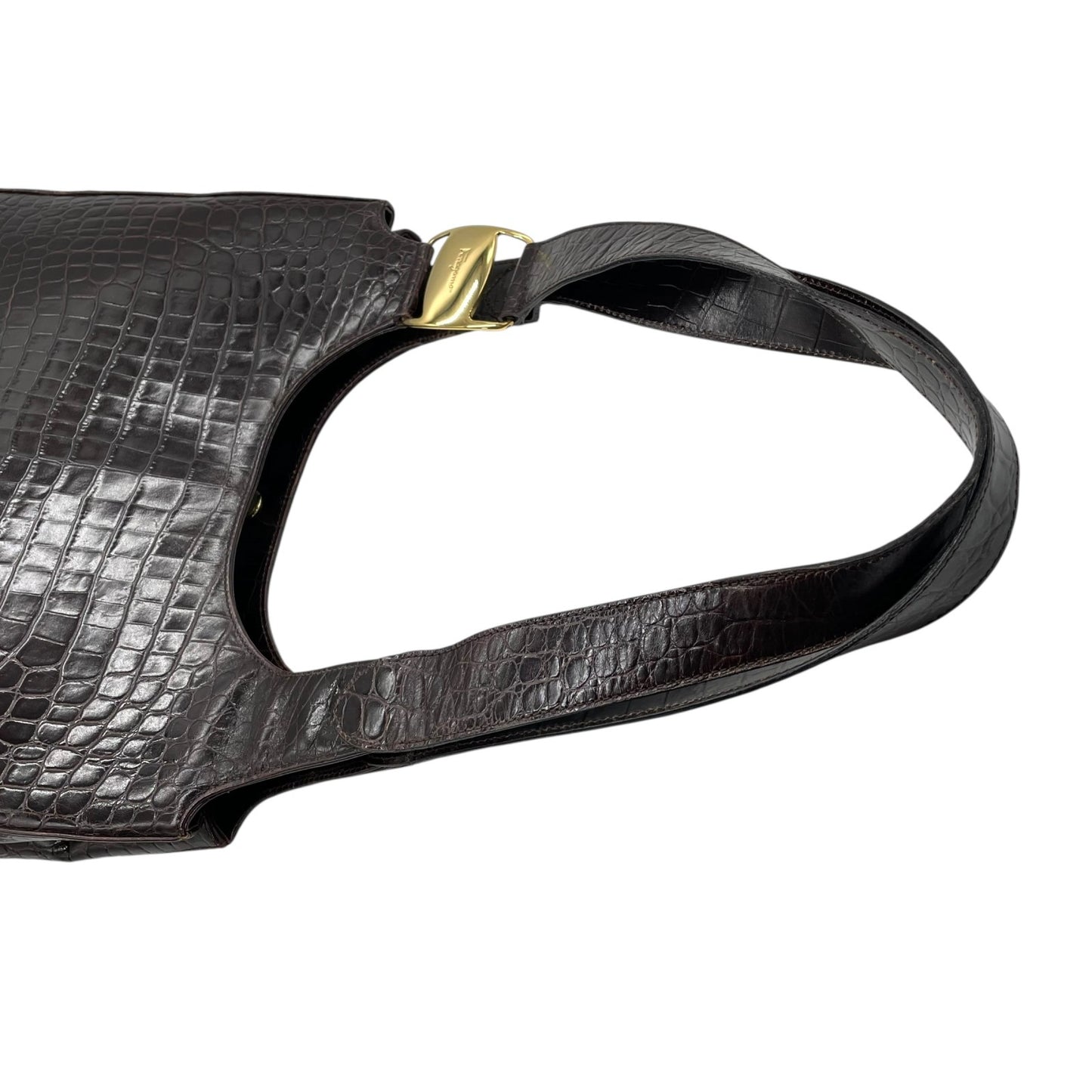 美品 Salvatore Ferragamo サルヴァトーレフェラガモ トートバッグ ハンドバッグ ヴァラ クロコ型押し 茶 ブラウン ゴールド金具 ワンショルダー 肩掛け可 ヴィンテージ レディース B