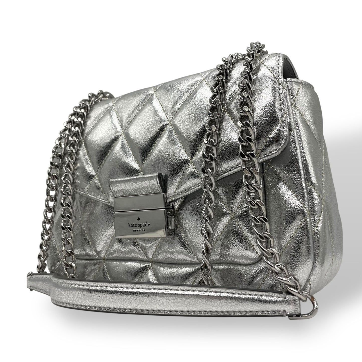 美品 kate spade ケイトスペード キャリー メタリック キルテッド レザー スモール フラップ ショルダーバッグ シルバー チェーンショルダー レディース E5