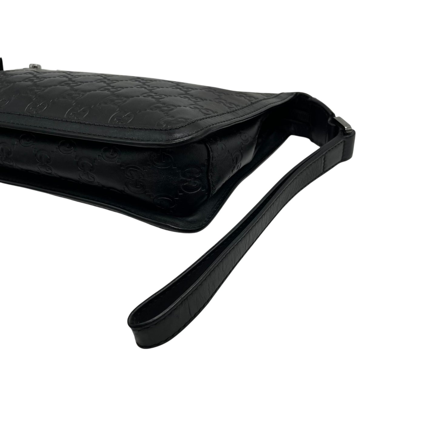 Authentic GUCCI Guccissima GG Clutch Bag Black Leather Silver Hardware With Strap