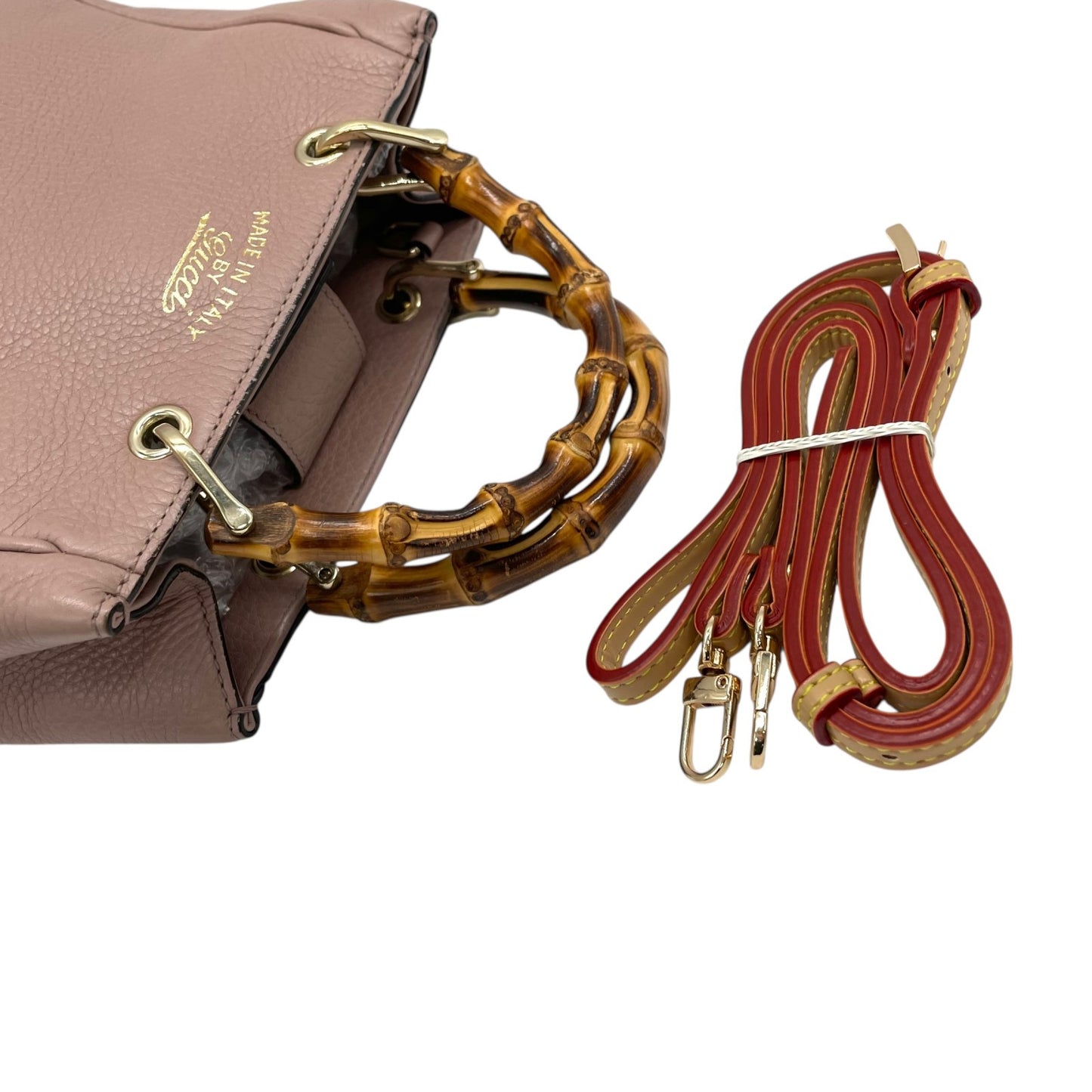 Authentic GUCCI Bamboo Mini Shopper 2WAY Pink Leather Gold Logo Shoulder Handbag