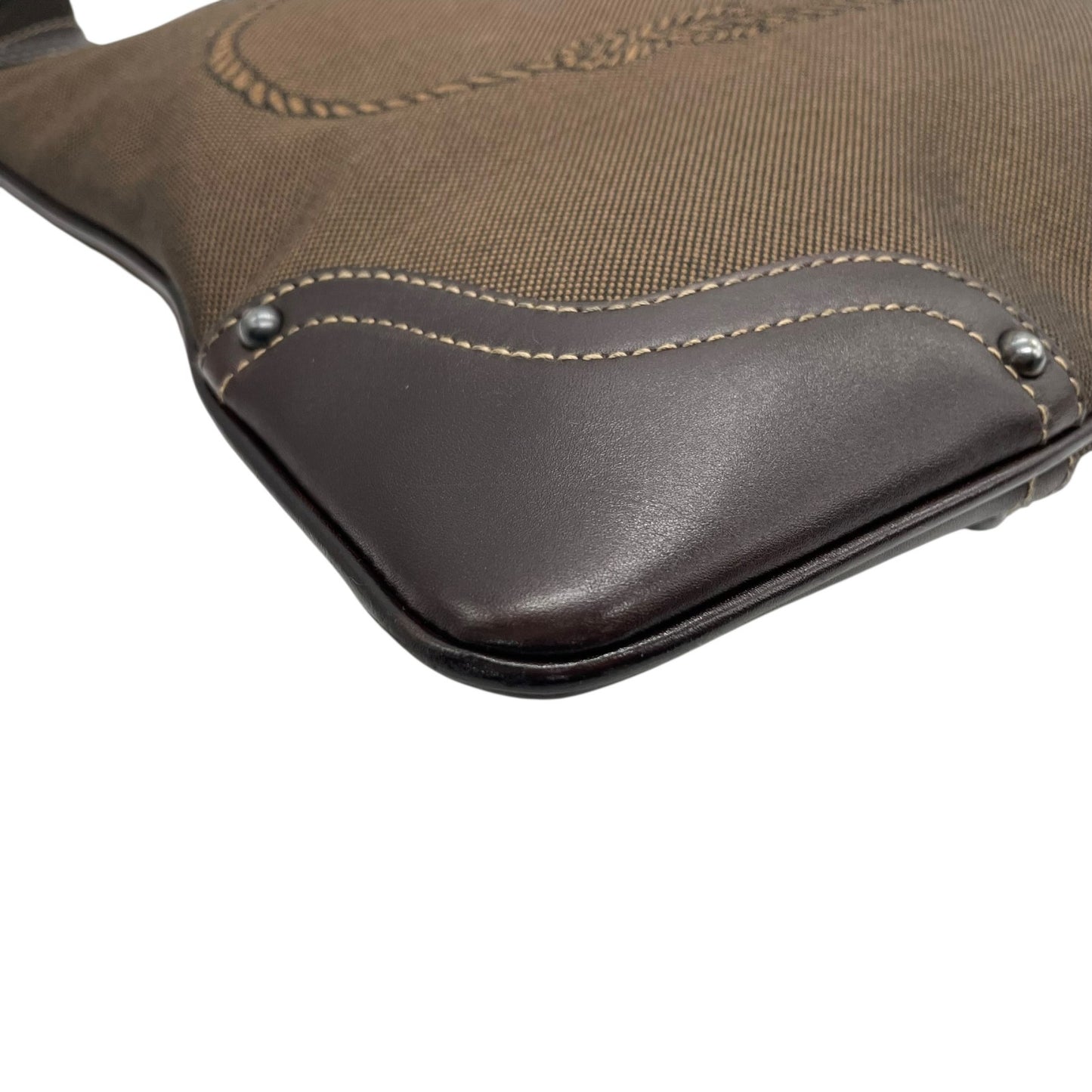 Authentic PRADA Logo Jacquard Large Logo Canvas Leather Shoulder Bag Brown Crossbody Women