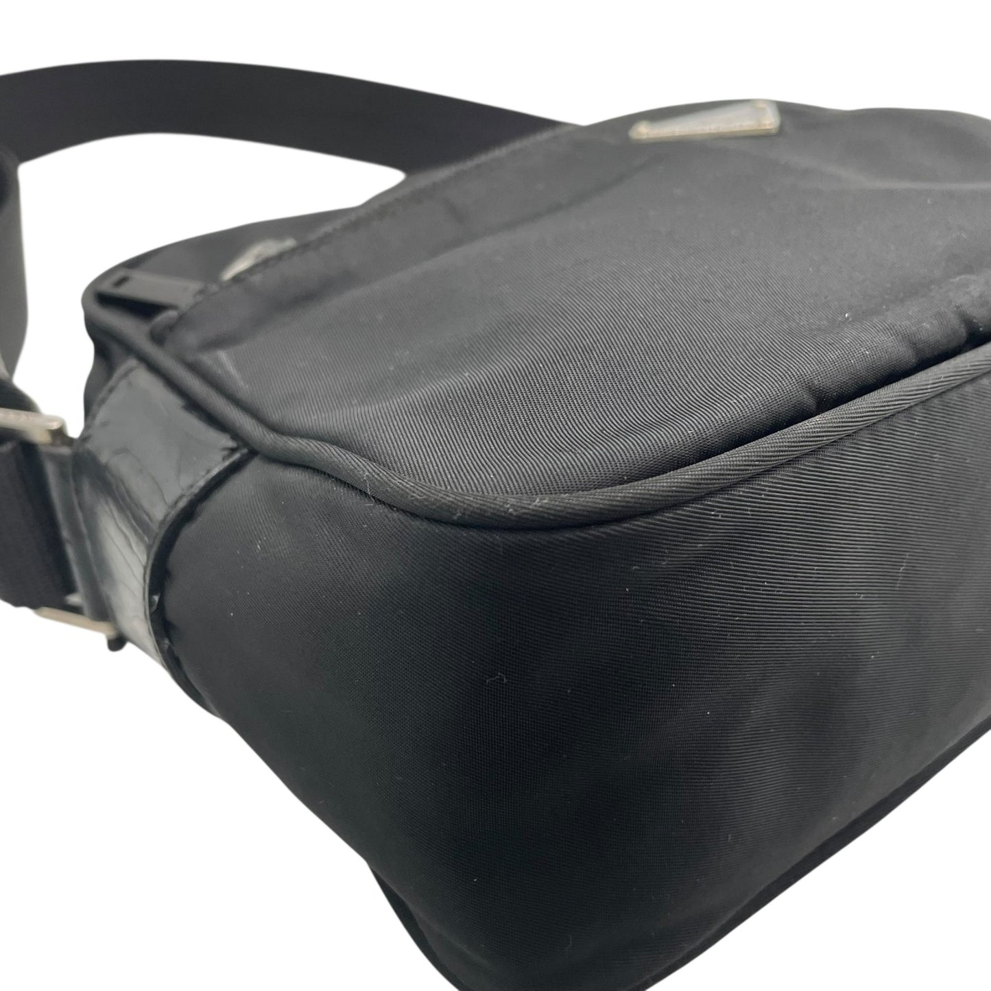 Authentic PRADA Shoulder Bag Triangle Logo Nylon Leather Black Silver Hardware BT0166
