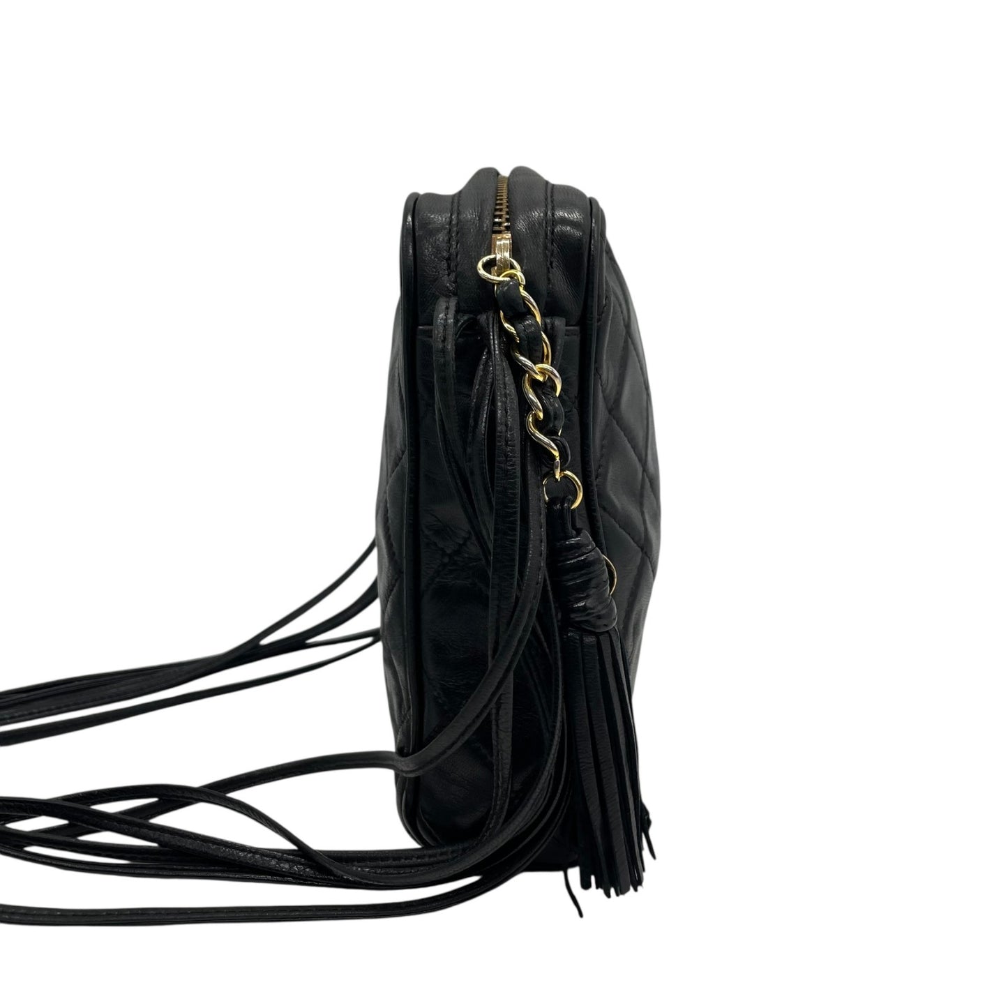 Authentic CHANEL Matelasse Fringe Shoulder Bag Black Leather Vintage Gold Crossbody