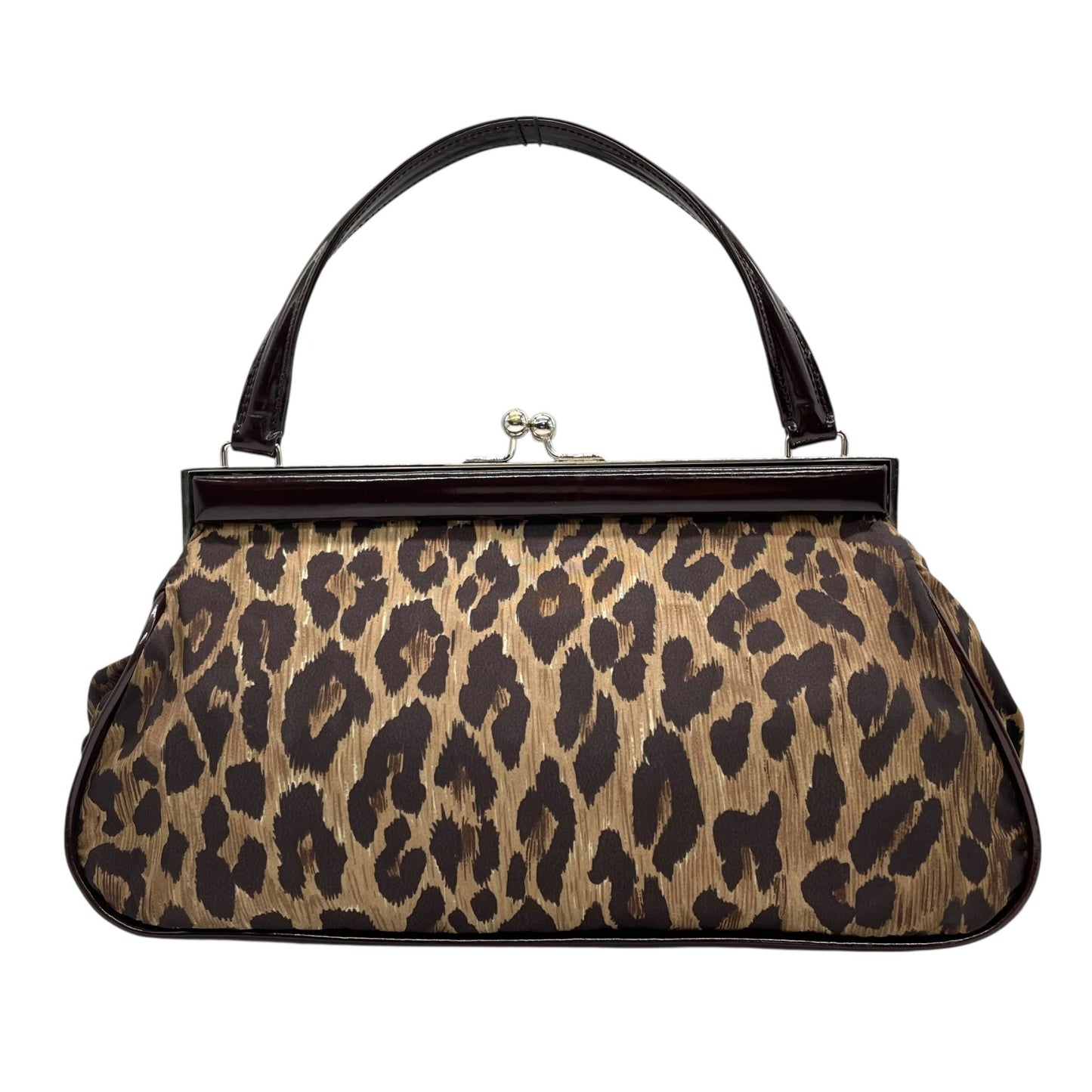 美品 DOLCE&GABBANA ドルチェ＆ガッパーナ ハンドバッグ レオパード ヒョウ柄 茶 ブラウン ナイロン パテントレザー シルバー金具 がま口 レディース C3