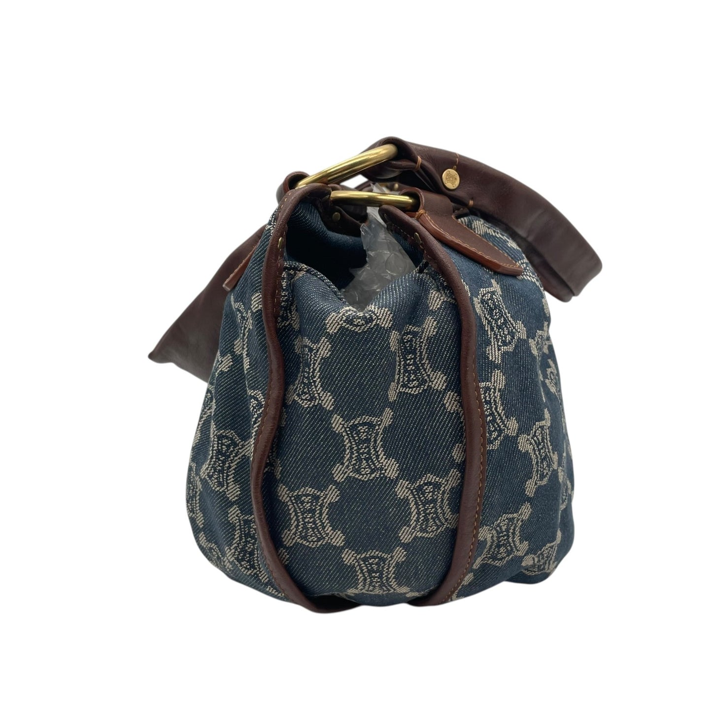 Authentic CELINE Pari Macadam Triomphe Denim Leather Handbag Brown Hardware