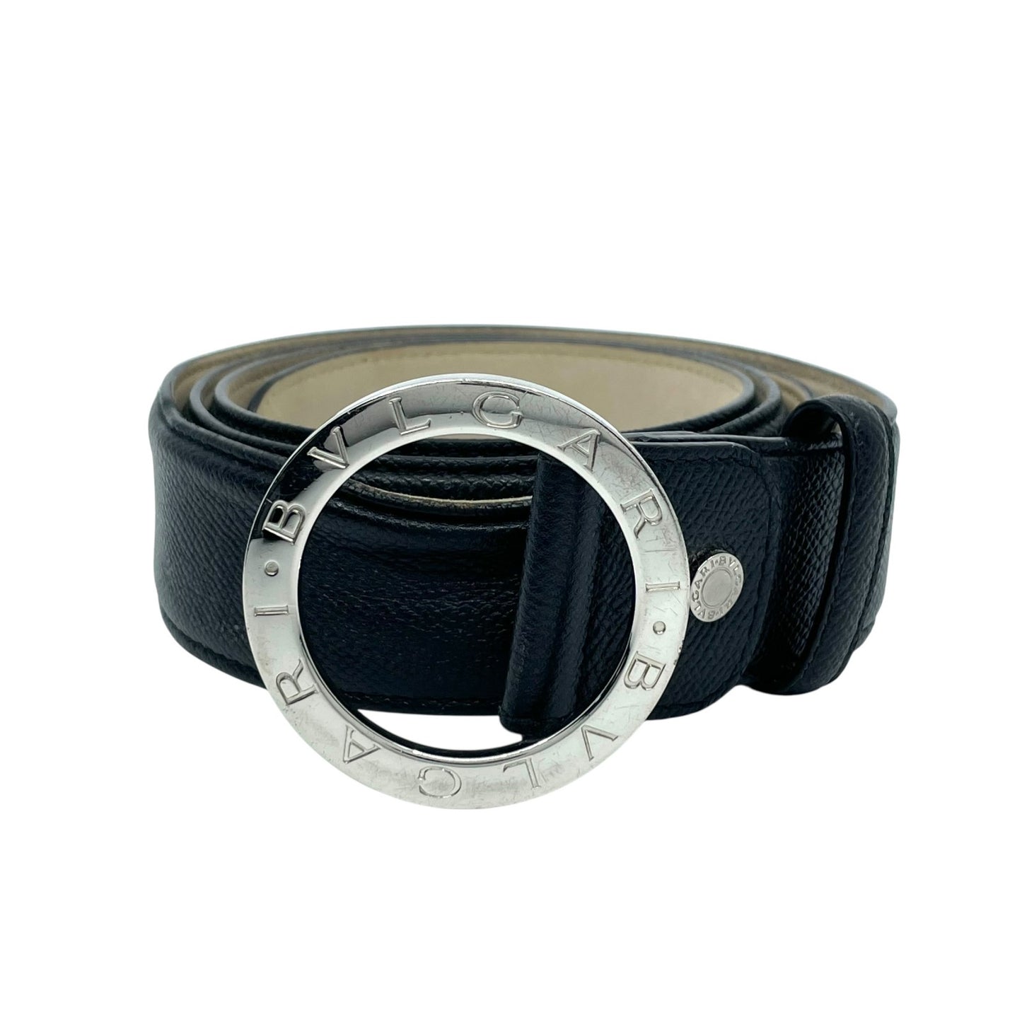 BVLGARI ブルガリ ベルト メンズ 本革 レザー ブラック 黒 サークル ロゴバックル リング シルバー金具 ビーゼロワン 高級 ブランド 紳士 箱付き ギャランティカード M4