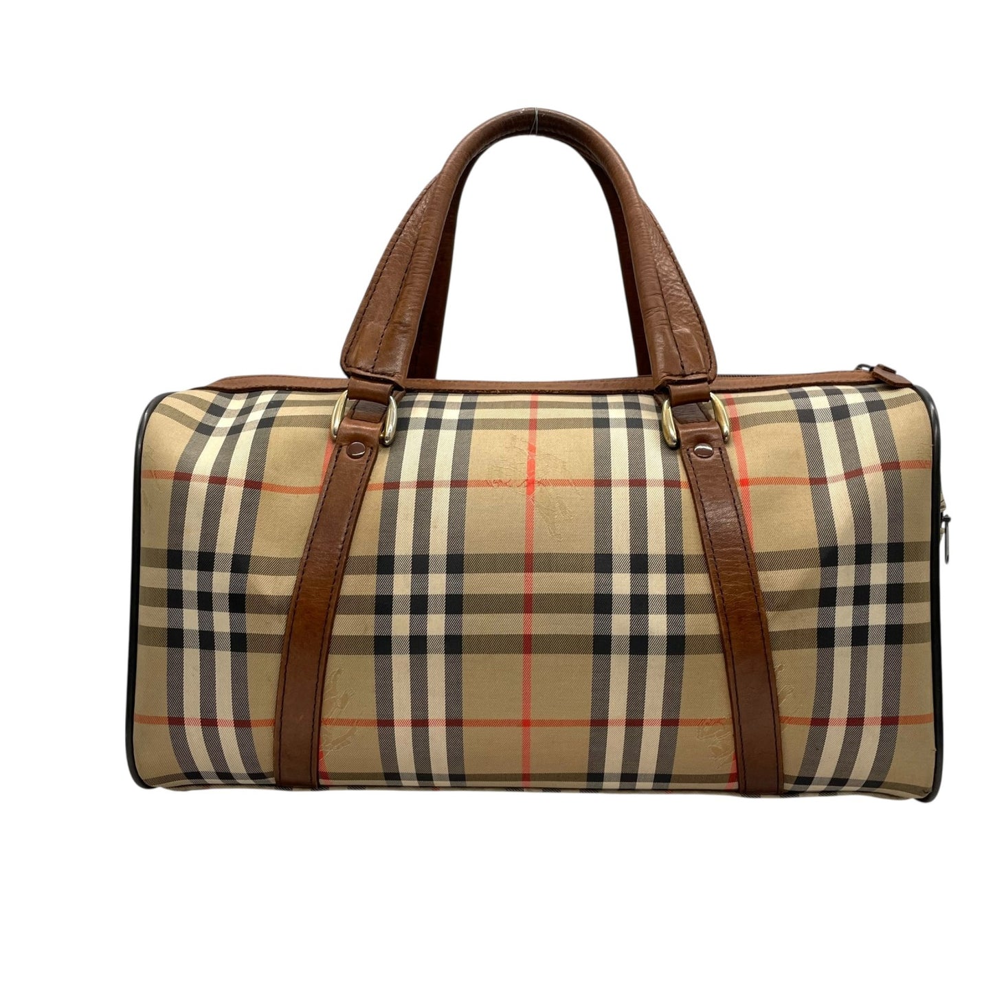 美品 BURBERRY バーバリー ボストンバッグ ノバチェック ホースロゴ シャドーホース ブラウン ベージュ キャンバス レザー ゴールド金具 メンズ レディース C