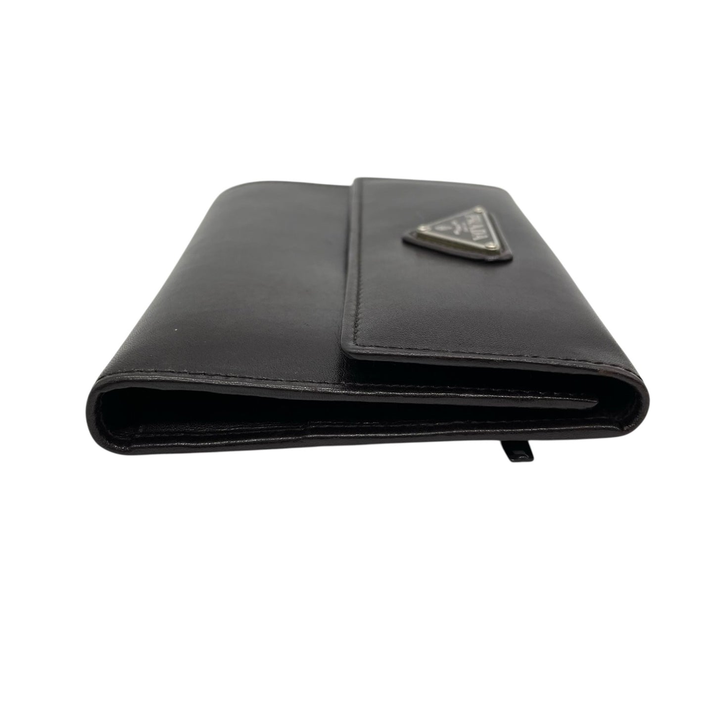 美品 PRADA プラダ 三つ折り財布 コンパクト財布 三角プレートロゴ トライアングルロゴ 茶 ダークブラウン レザー シルバー金具 メンズ レディース M5