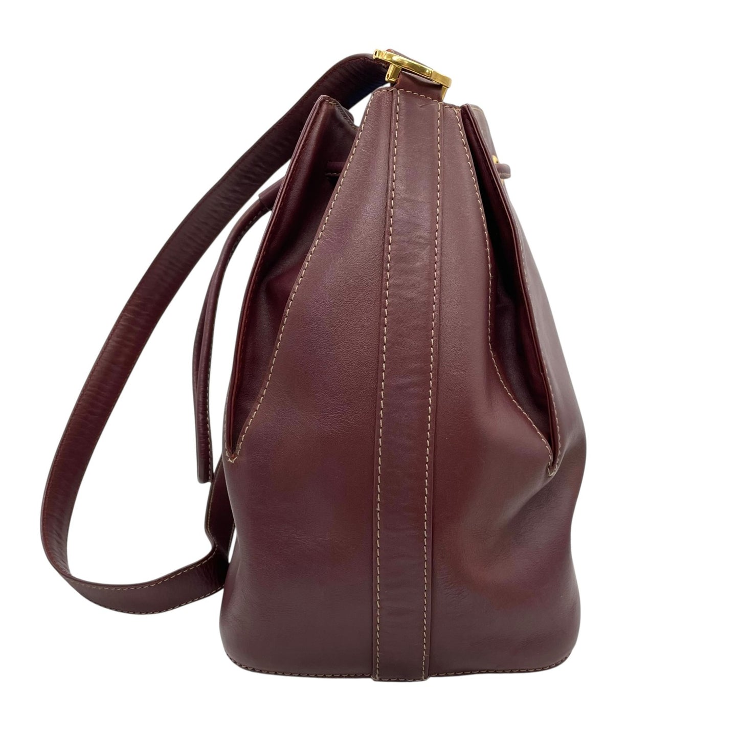 美品 Cartier カルティエ マストライン 巾着型 ショルダーバッグ 赤 ボルドー ワインレッド レザー ゴールド金具 ロゴ 2Cモチーフ 斜め掛け可 レディース ギャランティカード付き K12