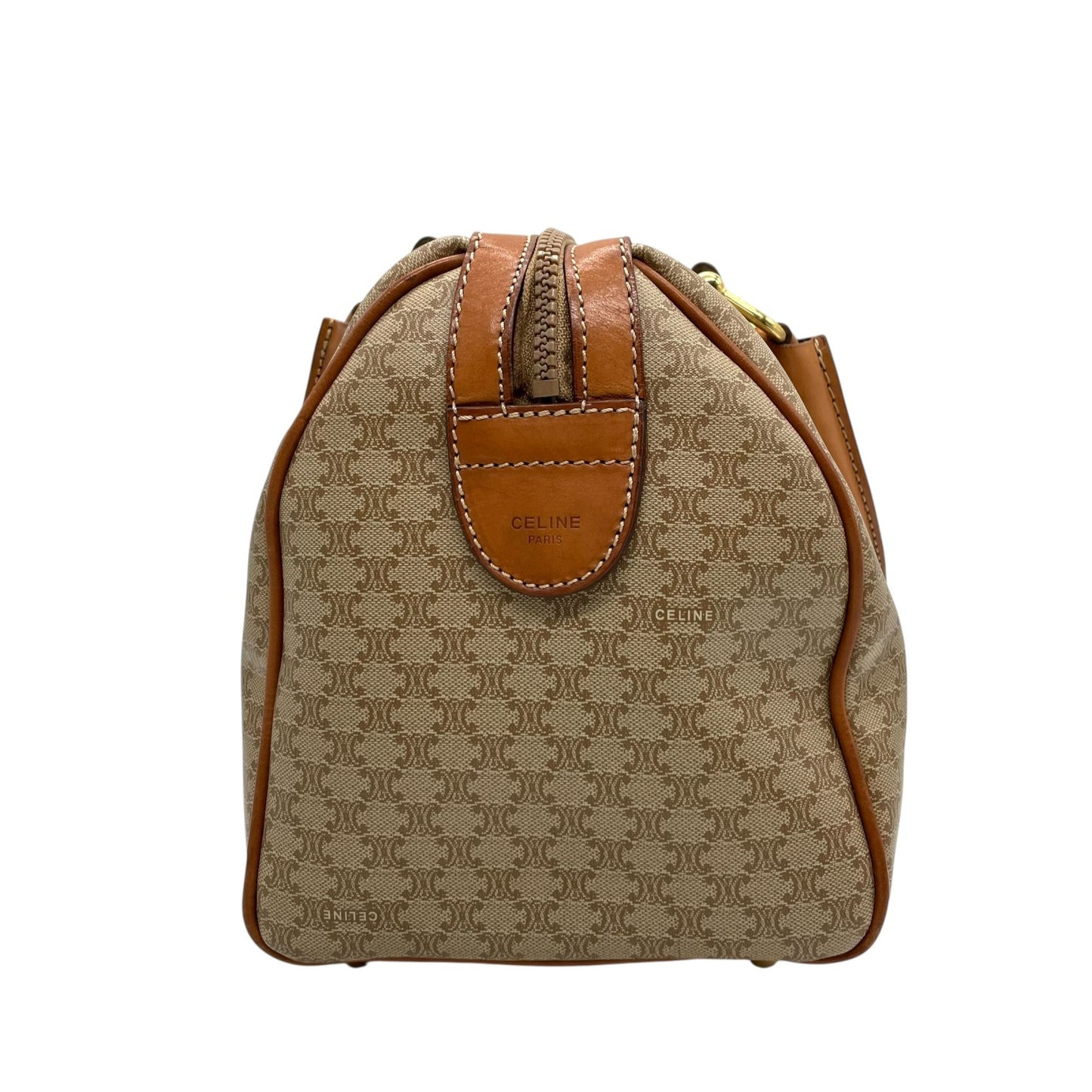 美品 セリーヌ CELINE マカダム柄 ボストンバッグ ハンドバッグ ブラウン 茶色 ベージュ トリオンフロゴ PVC×レザー ヴィンテージ 大容量 バッグ B