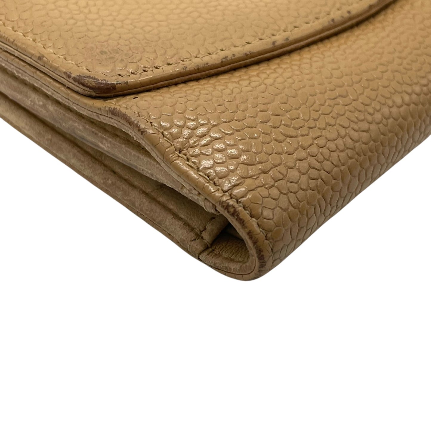 シャネル CHANEL 三つ折り財布 キャビアスキン調 レザー ココマーク 型押し キャメル ゴールド金具 金金具 箱・カード付 シール付 W2