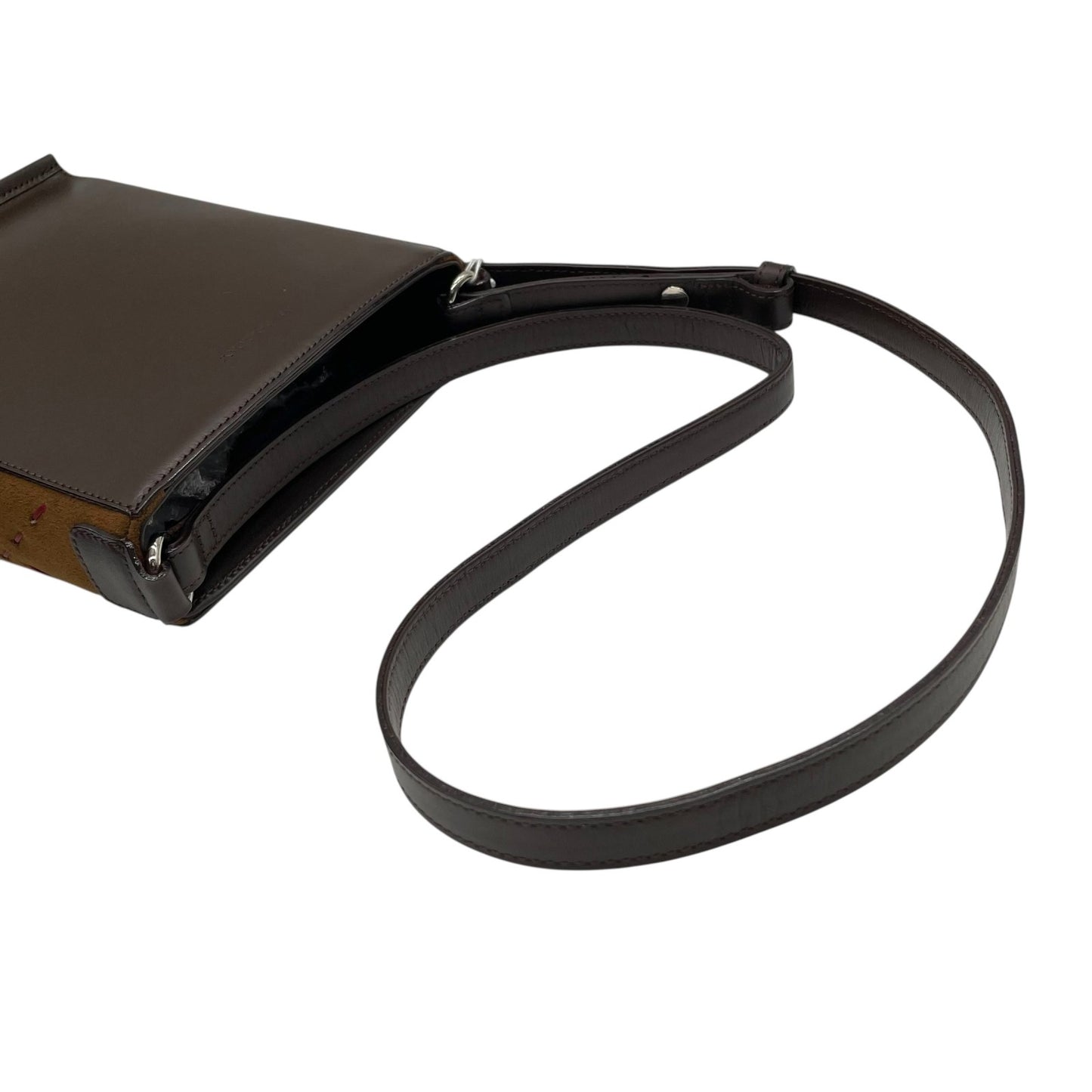 未使用級 BURBERRY バーバリー ショルダーバッグ ロゴ ステッチ 茶 ブラウン レザー スエード シルバー金具 クロスボディ 斜め掛け可 サコッシュ スマホショルダー レディース E