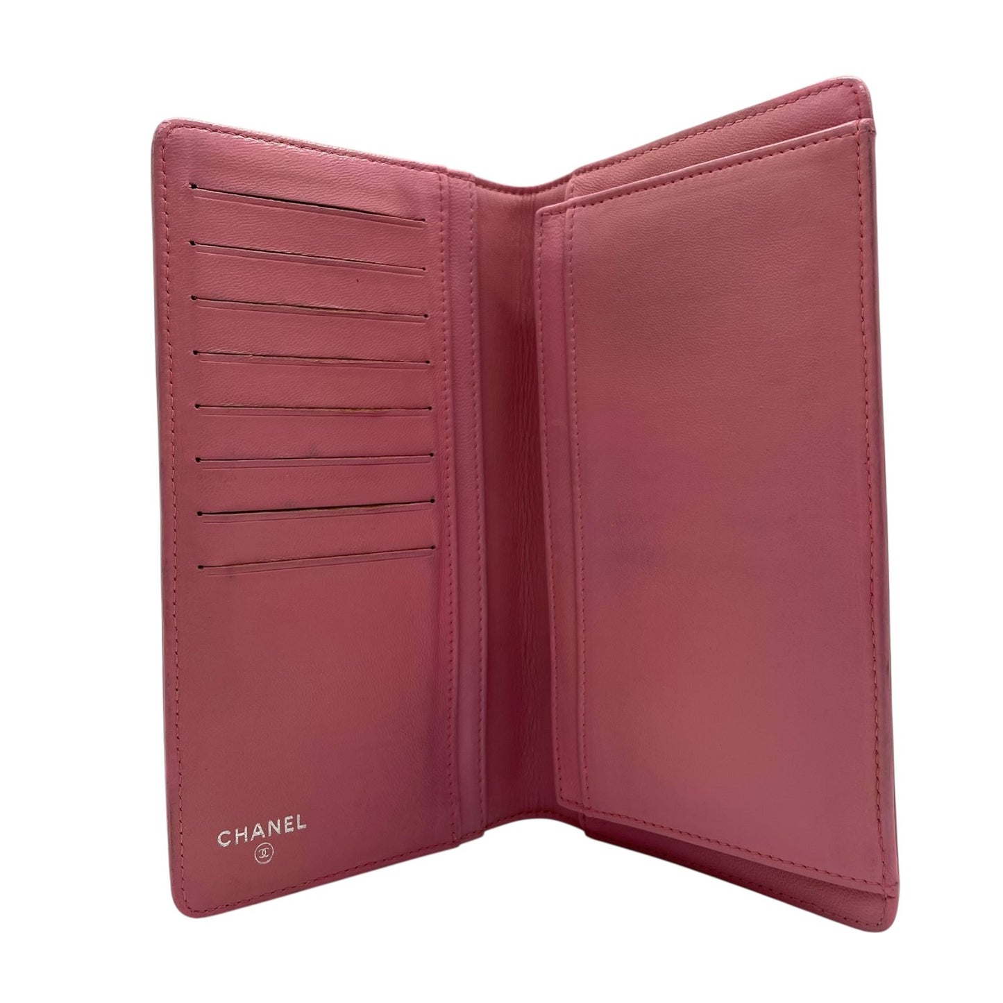 シャネル CHANEL カメリア ラムスキン 長財布 ウォレット ピンク ココマーク シルバー エンボス レディース W4