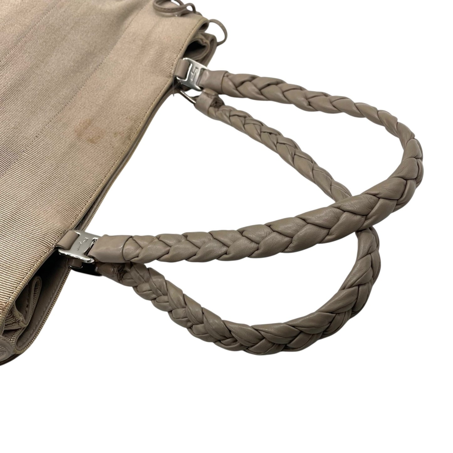 サルヴァトーレフェラガモ ハンドバッグ 編み込みレザーハンドル グレー キャンバス トートバッグ 肩掛け可能 K2