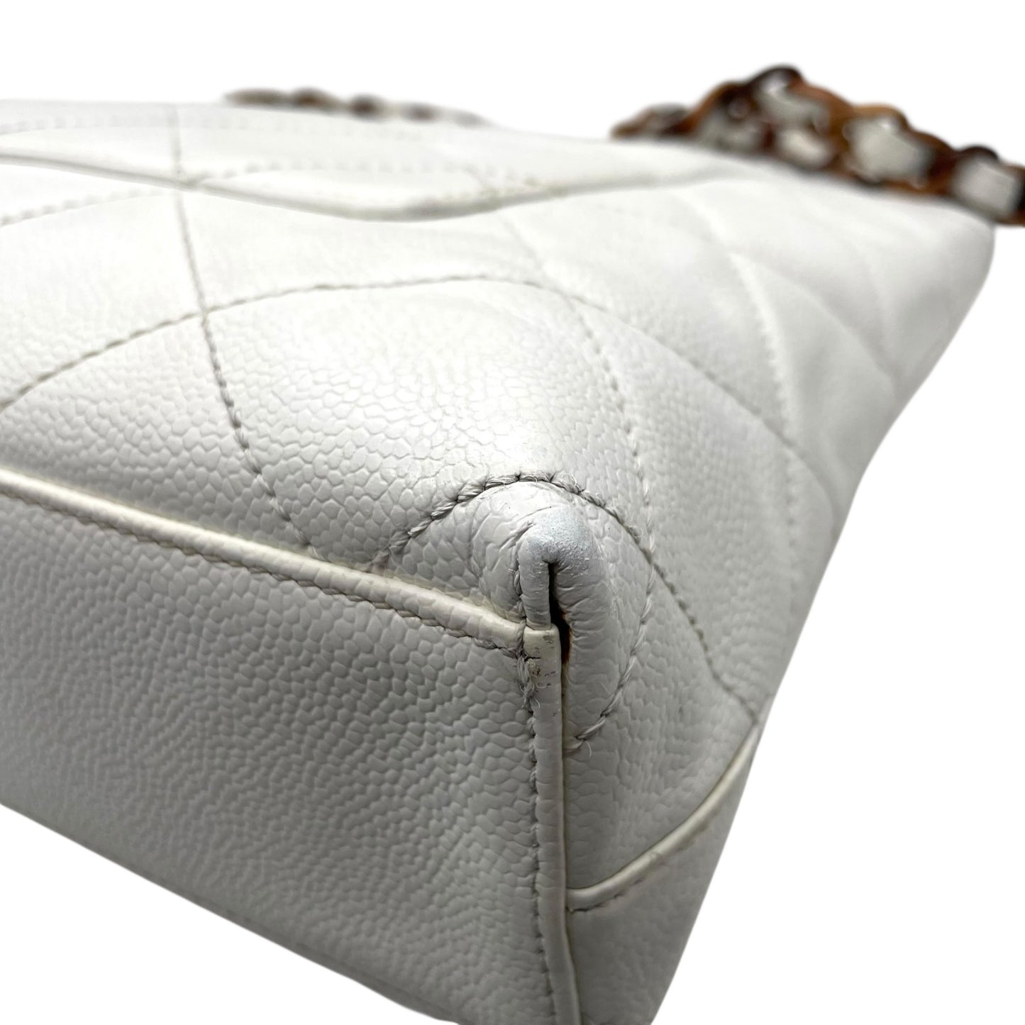 シャネル CHANEL トートバッグ キャビアスキン マトラッセ ココマーク 白 ホワイト ブラウンチェーン シルバー金具 C