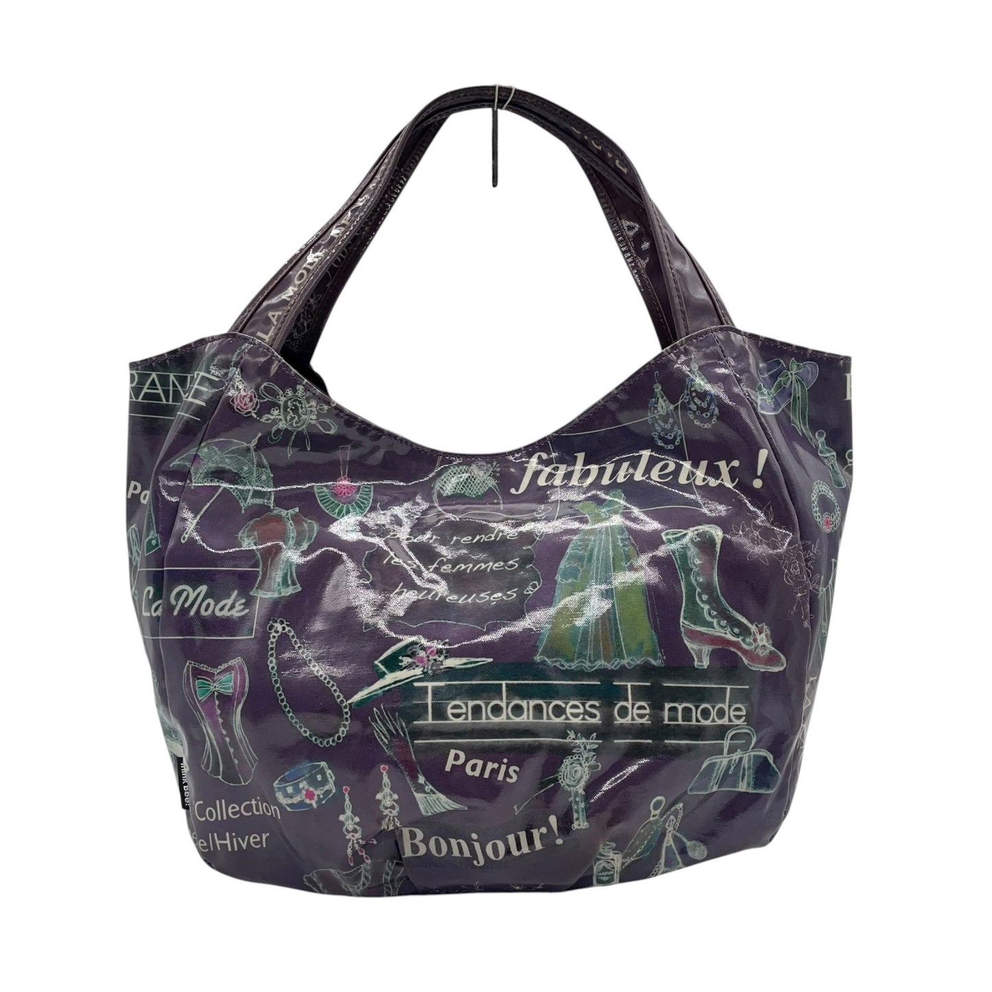 シンクビー Think Bee! ハンドバッグ トートバッグ パリ柄 エッフェル塔 ロゴ プリント 光沢 黒 ブラック レディース S90