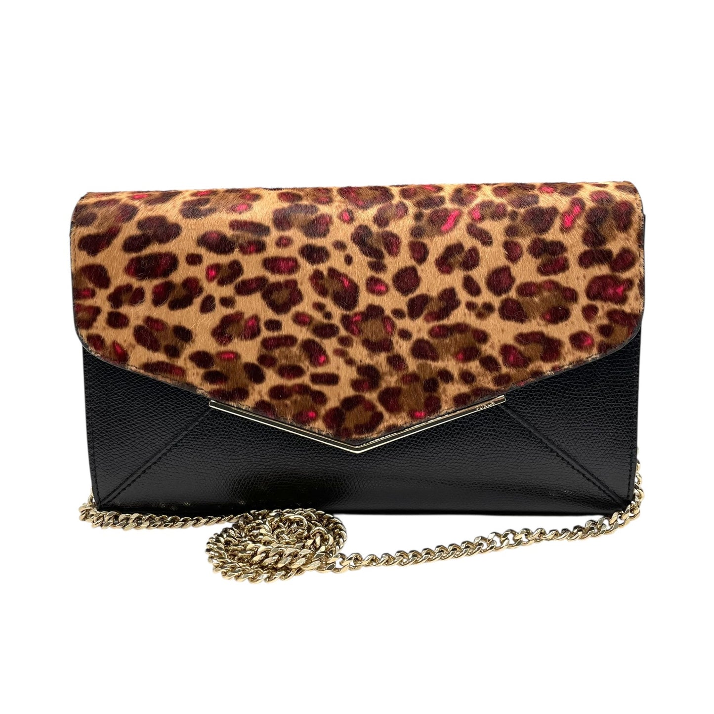 美品 フルラ FURLA チェーンショルダーバッグ チェーンショルダー クラッチバッグ 2WAY レオパード柄 黒 ブラック レザー 型押し 金金具 ゴールド金具 上品 クラッチ S52