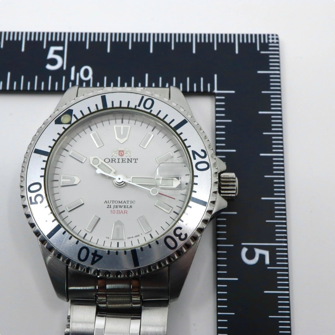 【美品】 orient オリエント キングマスター 腕時計 ER14-C2 自動巻き 21石 ダイバーズデザイン 10気圧防水 メンズ アナログ ホワイトダイヤル シルバー 回転ベゼル スポーツウォッチ ステンレス G2