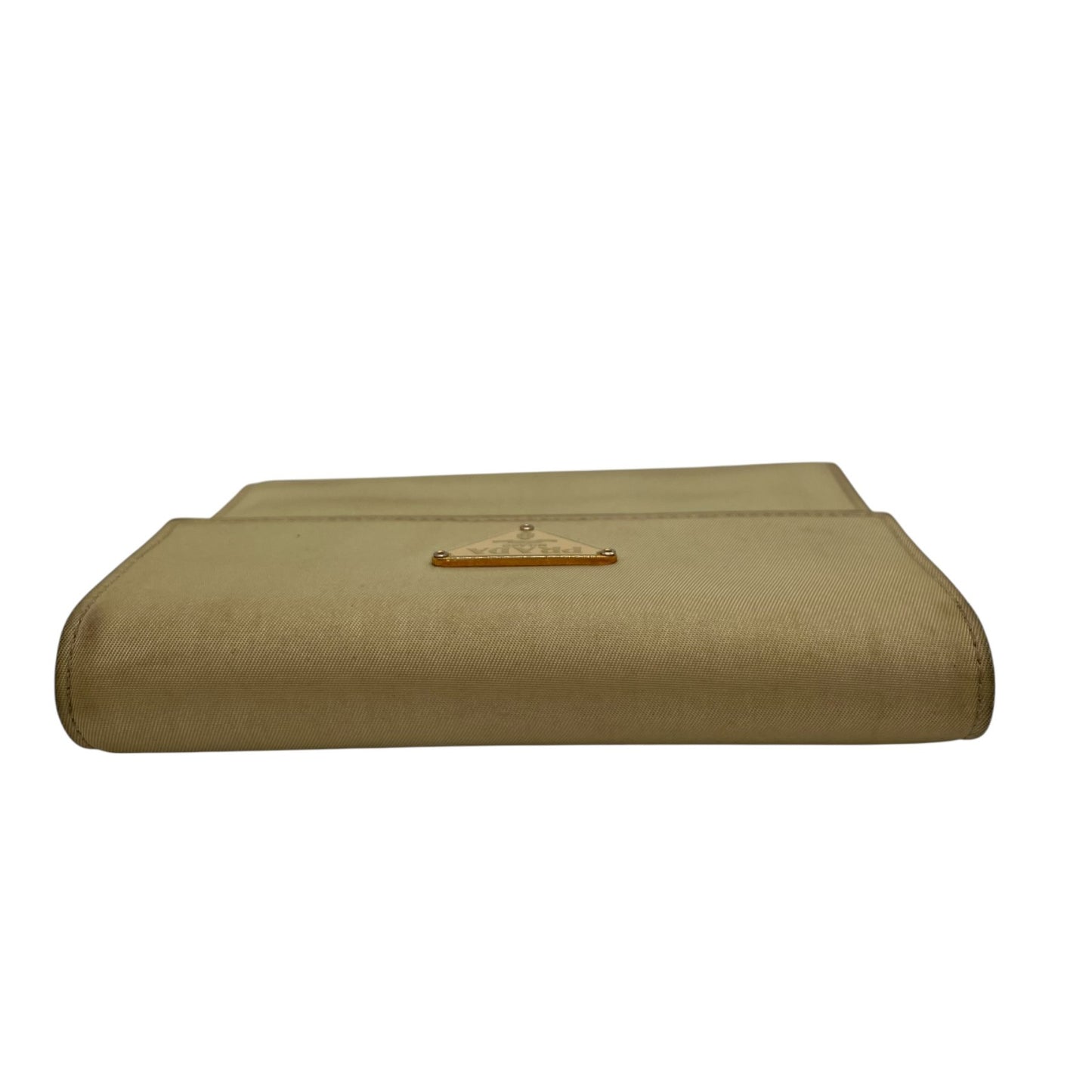 プラダ PRADA 三つ折り財布 コンパクトウォレット ベージュ ナイロン レザー 三角ロゴプレート トライアングルロゴ ゴールド金具 レディース M1